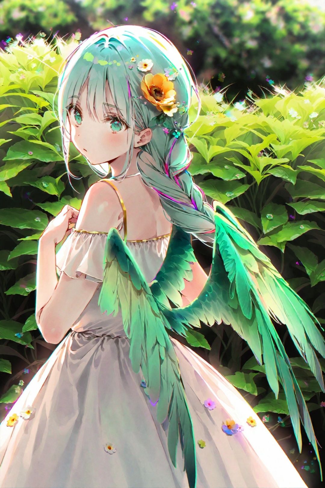 by dsmile9, best quality, masterpiece, aesthetic, 1girl, solo, hair ornament, flower, braid, dress, hair flower, long hair, wings, looking at viewer, hair over shoulder, bare shoulders, bangs, white dress, upper body, blush, off shoulder, hand up, white background, green wings, lighting and shadow