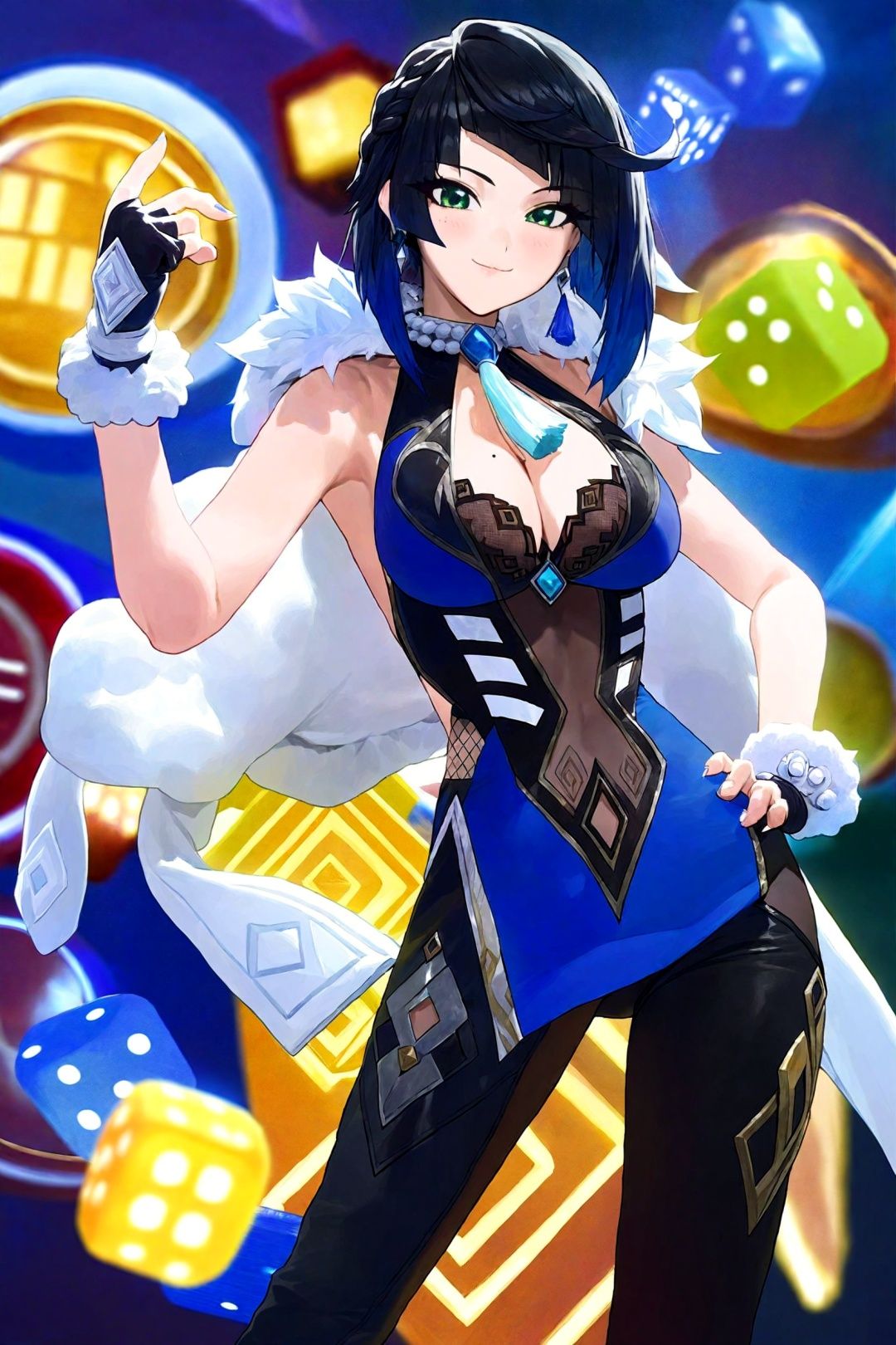 by modare, yelan \(genshin impact\), 1girl, breasts, solo, jewelry, blue hair, gloves, bangs, looking at viewer, fur trim, short hair, mole on breast, earrings, jacket on shoulders, large breasts, cleavage, hand on hip, white jacket, jacket, bracelet, mole, dice, fur-trimmed jacket, smile, green eyes, flower, blue dress, dress, black hair, multicolored hair, blue eyes, vision \(genshin impact\), fingerless gloves, white gloves, tassel, closed mouth, asymmetrical gloves, bob cut, pants, pelvic curtain, tight pants, mismatched gloves, sleeveless, diagonal bangs