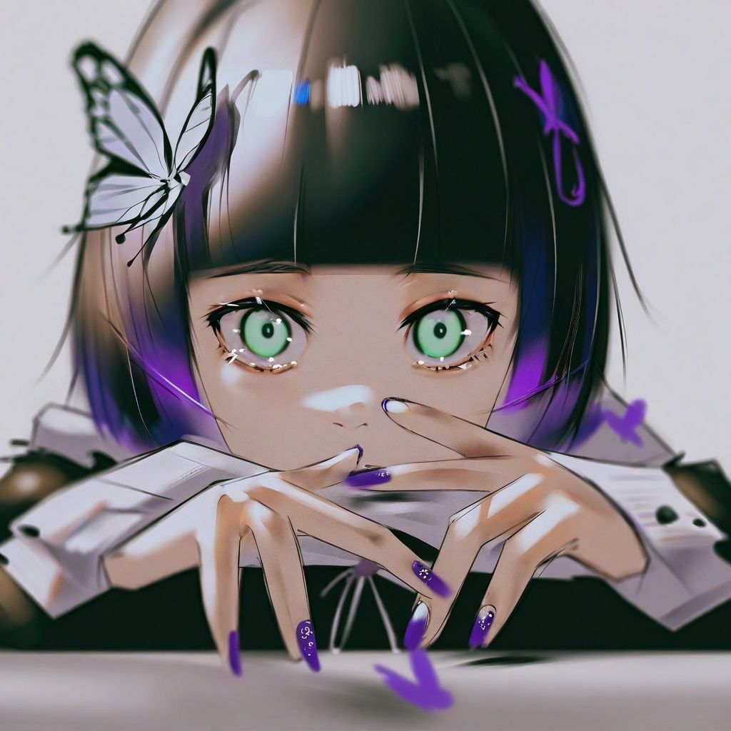 by suzukasuraimu, best quality, masterpiece, aesthetic, pseudo impasto, 1girl, solo, black hair, green eyes, bangs, nail polish, blunt bangs, bug, purple hair, short hair, multicolored hair, purple nails, long sleeves, butterfly, hair ornament, facial mark