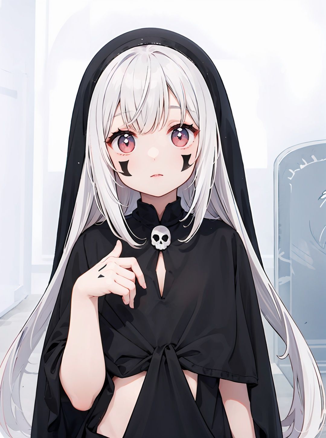  1 girl, Ghost Bride, with terrifying eyes, full of murderous aura, sharp eyes, white hair, xinniang, blackmagic,skull necklace,exposed bone,tombstone,loli,petite, hand on own stomach