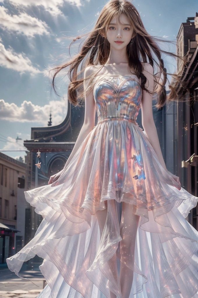  (Good structure), HDR, UHD, 8K, A real person, Highly detailed, best quality, masterpiece, 1girl, realistic, Highly detailed, (EOS R8, 50mm, F1.2, 8K, RAW photo:1.2), ultra realistic 8k, (best illumination, best shadow, extremely delicate and beautiful), (official art, beautiful and aesthetic:1.2), solo, 1girl, , long hair, Wind, flowing hair, kind smile, , pose for picture, , looking_at_viewer, , perfect body,
 wangyushan,Blue sky and white clouds, beach, outdoor, 
xuancaiqun, dress,sparkle,strapless dress