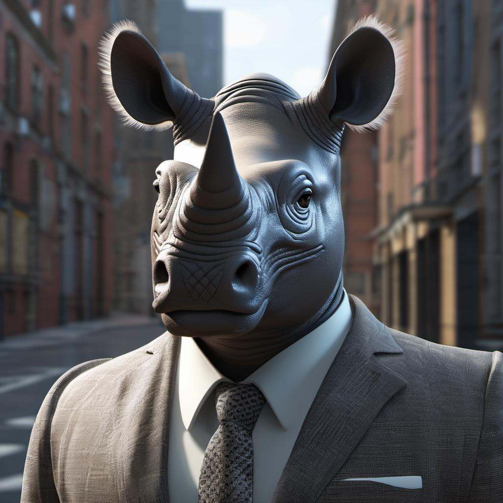 a rhino dressed suit and tie headshot,  in the street,  sk_3drender on Tensor.Art