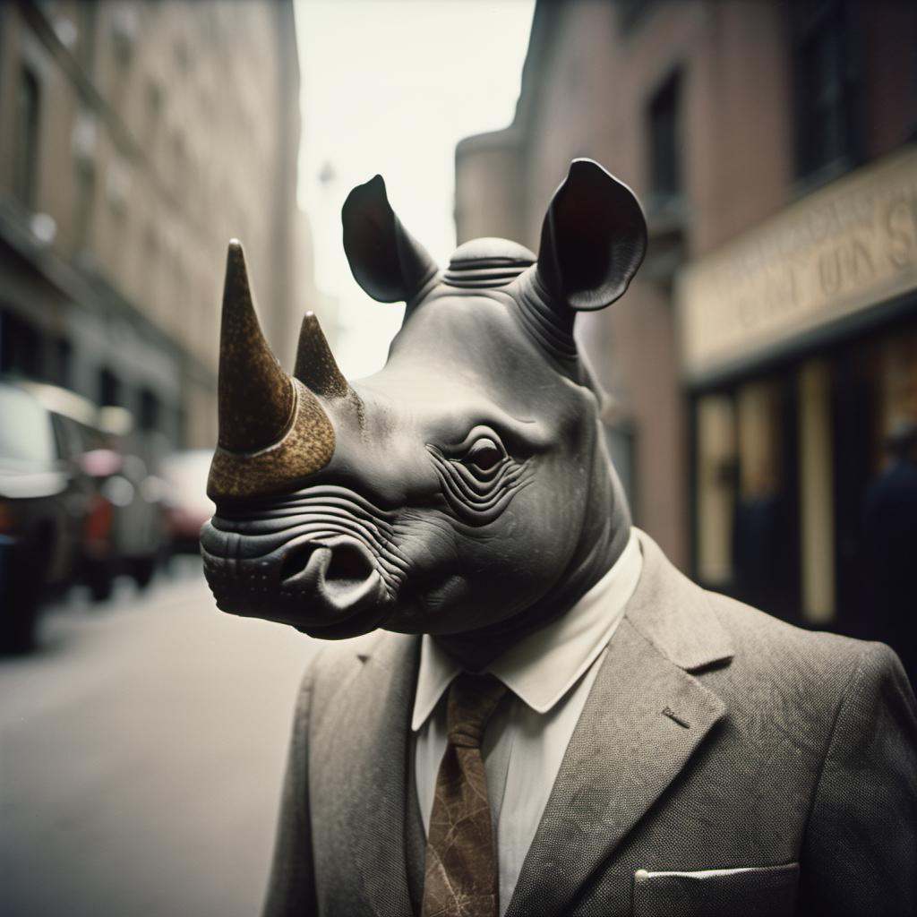 a rhino dressed suit and tie headshot,  in the street,  sk_analogfilm on Tensor.Art
