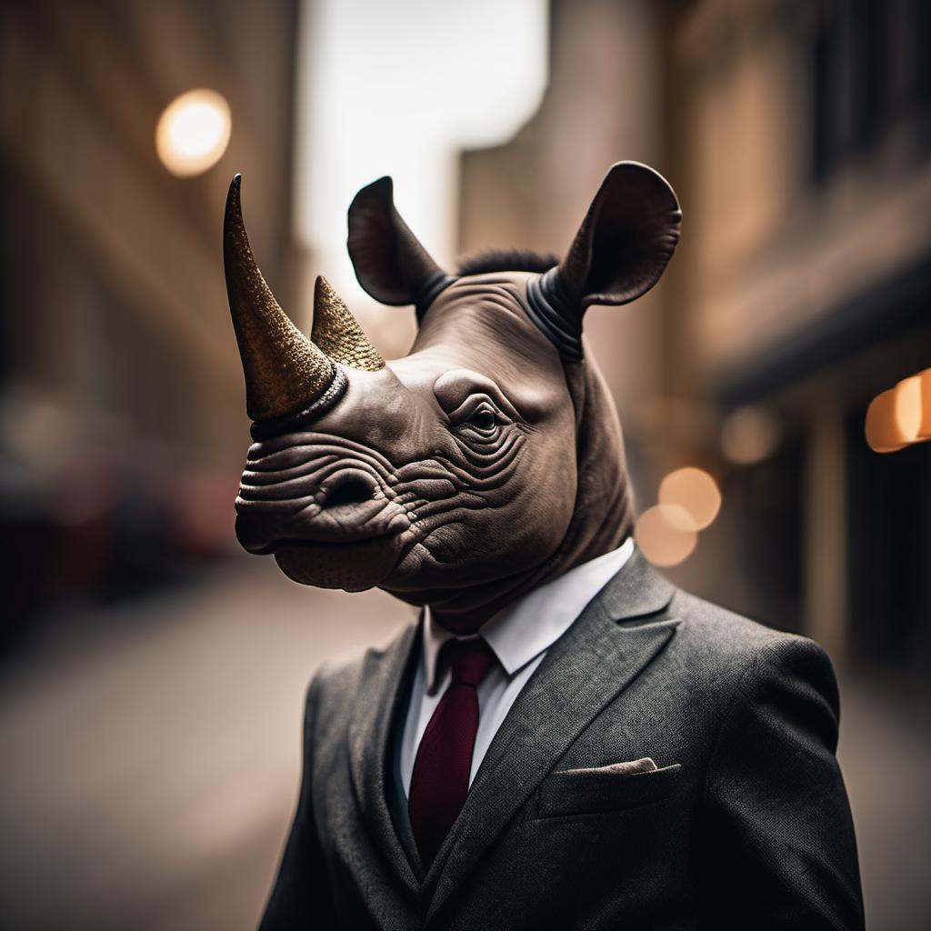 a rhino dressed suit and tie ,  headshot,  in the street on Tensor.Art