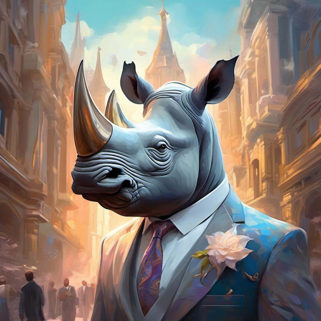 a rhino dressed suit and tie ,  headshot,  in the street on Tensor.Art