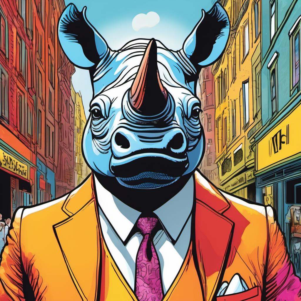 a rhino dressed suit and tie ,  headshot,  in the street on Tensor.Art