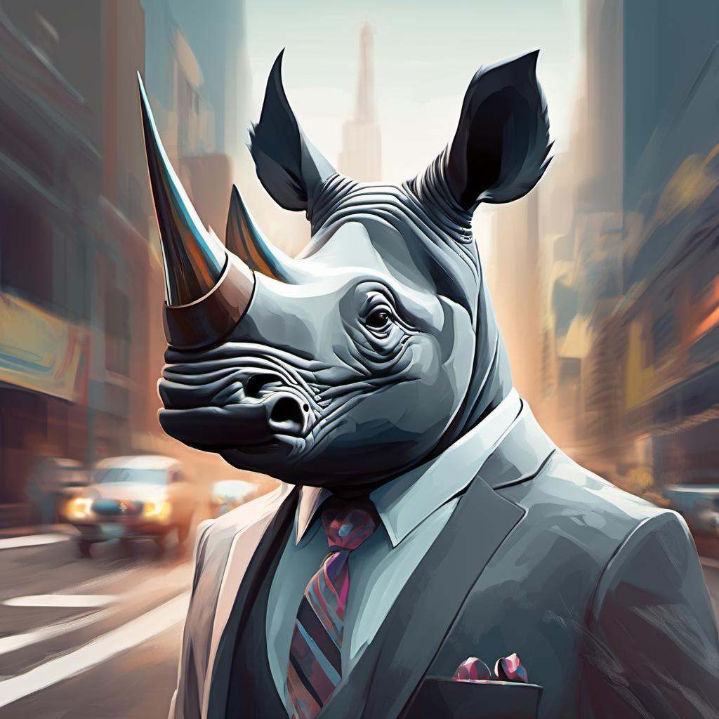 a rhino dressed suit and tie ,  headshot,  in the street on Tensor.Art