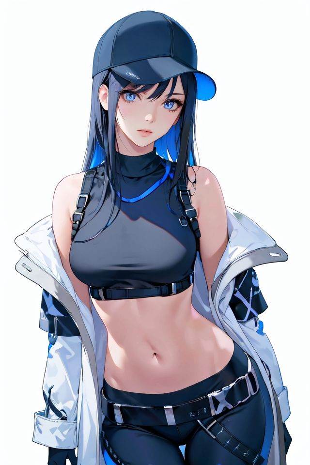 (masterpiece),(best quality),highres,incredibly absurdres,absurdres,very_high resolution,original,intricate details,hyper detail,ultra-detailed,exquisite detailed,extremely delicate,illustration,pixiv,chromatic aberration,emphasis lines,game cg,film grain,cinematic,bokeh,caustics,(1girl),(solo),mature female,(perfect detailed face),lips,(lipgloss),glossy skin,(shiny skin),feminine proportions,skinny,narrow waist,slim,wide hips,curvy, medium_breasts,perky_breasts,cowboy shot,(white background:1.3), <lora:碧﷿档案沙织brj-saori-V1:1> saori \(blue archive\), long hair, black hair, blue hair, multicolored hair, blue eyes, baseball cap, open clothes, off shoulder, coat, crop top, chest harness, snap-fit buckle, black pants, thigh holster, gloves,harness, thigh holster, snap-fit buckle,