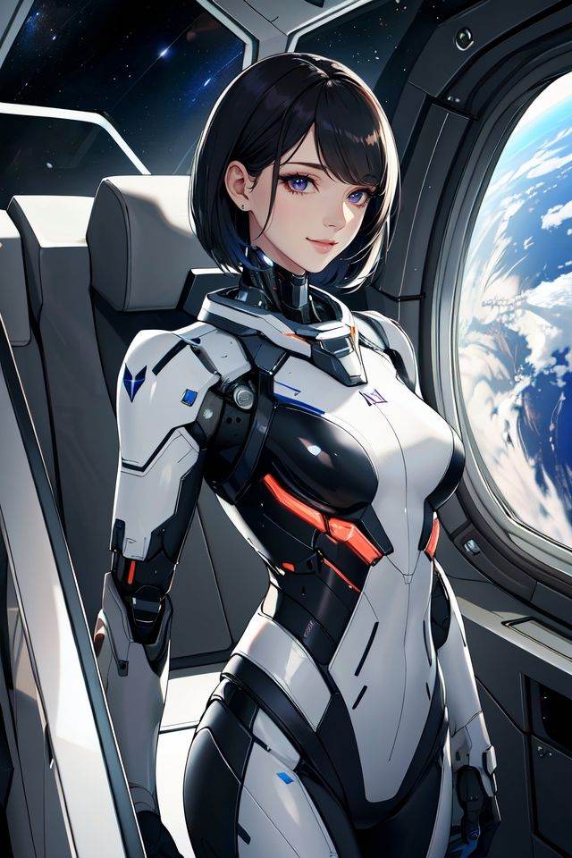 (masterpiece),(best quality),highres,incredibly absurdres,absurdres,very_high resolution,original,intricate details,hyper detail,ultra-detailed,exquisite detailed,extremely delicate,illustration,(1girl),(solo),solo_focus,looking at viewer,mature female,shiny hair,glossy hair,forehead,diagonal bangs,swept bangs,short hair,hair behind ear,black hair,sharp_eyelid,eyeliner,eyelashes,eyeshadow,lipgloss,lips,high_nose,smile,seductive smile,glossy skin,pale skin,shiny skin,medium_breasts,perky_breasts,cyborg,looking away,floating in space,flying,neon trim,glowing clothes,white warframe,white spacesuit,white_clothes,scenery,landscape,depth of field,space ship,(macro),dark,star,galaxy,space outside the window, spacecraft,science fiction,capsule,(spacecraft interior),glass,universe outside window,earth \(planet\),