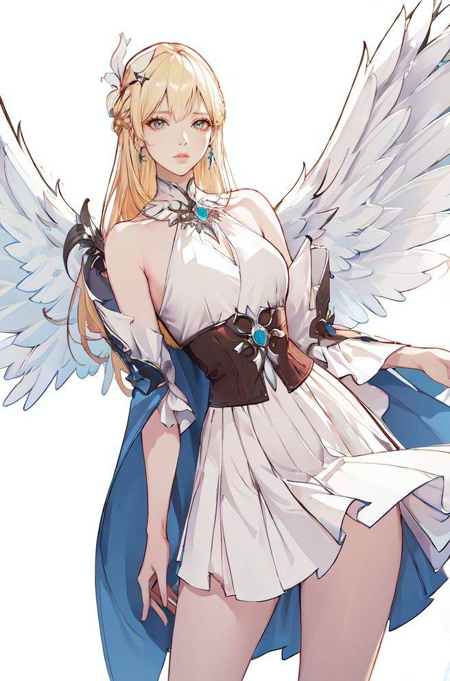 (masterpiece),(best quality),(highres),(incredibly absurdres),(absurdres),very_high_resolution,intricate details,hyper detail,ultra-detailed,exquisite detailed,extremely delicate,illustration,pixiv,flat color,chromatic aberration,emphasis lines,game cg,film grain,cinematic,bokeh,caustics,sketch,(1girl),(solo),(solo_focus),shiny hair,glossy hair,mature female,(perfect detailed face),lips,(lipgloss),glossy skin,(shiny skin),feminine proportions,looking at viewer,skinny,narrow waist,slim,wide hips,curvy, large_breasts,perky_breasts,long legs,(cowboy shot:1.1),(white background:1.3), <lora:失落方舟尼尼微Nineveh_v2:0.8> Nineveh,angel, blonde hair, jewelry, wings, earrings, feathered_wings, angel_wings, white_wings, long_hair, armor, dress, hair_flower,bare legs