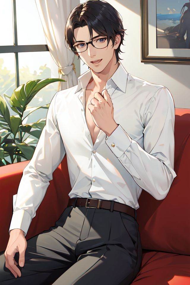 (masterpiece),(best quality),(highres),(incredibly absurdres),(absurdres),very_high_resolution,intricate details,hyper detail,ultra-detailed,exquisite detailed,extremely delicate,illustration,pixiv,chromatic aberration,emphasis lines,game cg,film grain,cinematic,bokeh,caustics,(1boy),(solo),solo_focus,shiny hair,glossy hair,mature male,muscular male,handsome boy,man,male focus,(perfect detailed face),hands,fingers,(cowboy shot), short hair, black hair,forehead,parted bangs,narrow waist,strong,smile, open mouth, glasses,collarbone, formal, pants, suit, white shirt,collared shirt, partially unbuttoned, long sleeves,sitting, sitting,office_man,sofa,indoors,plant,living room,reflective floor, 