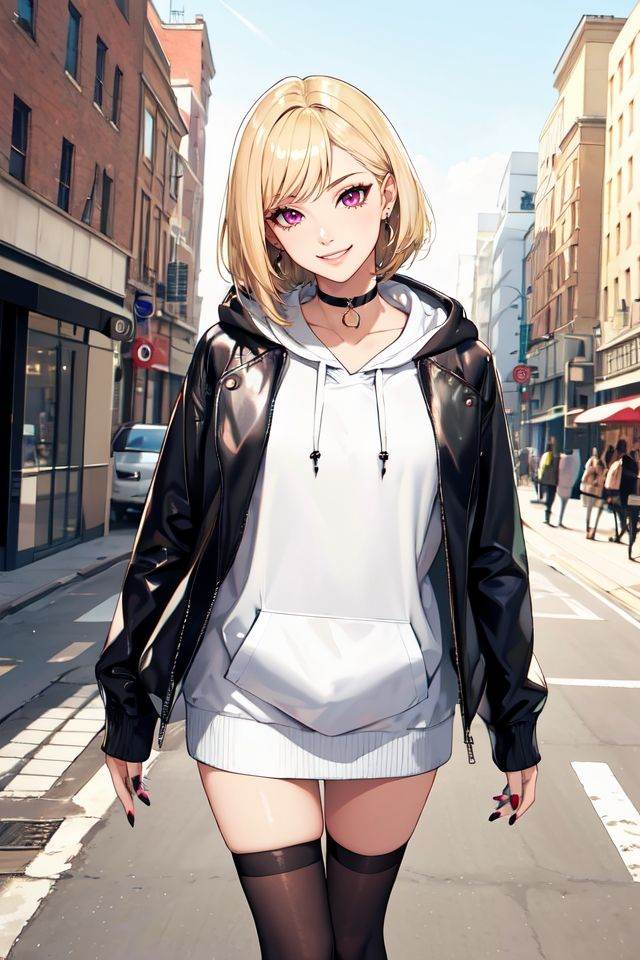 (masterpiece),(best quality),highres,incredibly absurdres,absurdres,very_high resolution,original,intricate details,hyper detail,ultra-detailed,exquisite detailed,extremely delicate,illustration,(1girl),(solo),solo_focus,looking at viewer,mature female,shiny hair,glossy hair,forehead,diagonal bangs,swept bangs,short hair,hair behind ear,black hair,sharp_eyelid,eyeliner,eyelashes,eyeshadow,lipgloss,lips,high_nose,smile,seductive smile,glossy skin,pale skin,shiny skin,medium_breasts,perky_breasts,bag, black choker, black jacket, black socks, blonde hair, blue nails, choker, earrings, fingernails, outdoors, grin, gyaru, handbag, head tilt, hood, hood down, hoodie, jacket, jewelry, leather, leather jacket, long hair, long hoodie, nail polish, open clothes, open jacket, magenta eyes, sleeves past wrists, smile, white hoodie,scenery,landscape,depth of field,building, city, cityscape, day, outdoors, street, tree,