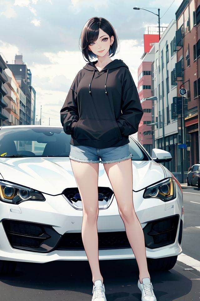 (masterpiece),(best quality),highres,incredibly absurdres,absurdres,very_high resolution,original,intricate details,hyper detail,ultra-detailed,exquisite detailed,extremely delicate,illustration,(1girl),(solo),solo_focus,looking at viewer,mature female,shiny hair,glossy hair,forehead,diagonal bangs,swept bangs,short hair,hair behind ear,black hair,sharp_eyelid,eyeliner,eyelashes,eyeshadow,lipgloss,lips,high_nose,smile,seductive smile,glossy skin,pale skin,shiny skin,medium_breasts,perky_breasts,standing, fullbody,yellow car, cloudy sky,city,motor vehicle,ground vehicle,sports car,vehicle focus, white footwear,denim shorts, gray hoodie,bare legs, hands in pockets, 