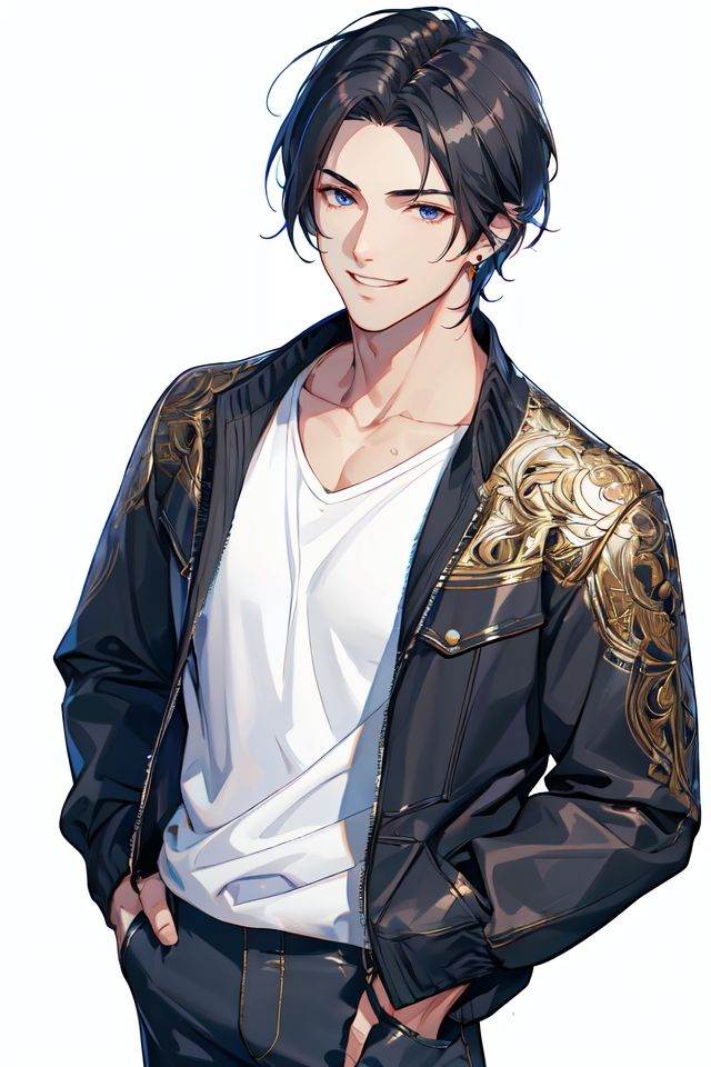 (masterpiece),(best quality),(highres),(incredibly absurdres),(absurdres),very_high_resolution,intricate details,hyper detail,ultra-detailed,exquisite detailed,extremely delicate,illustration,pixiv,chromatic aberration,emphasis lines,game cg,film grain,cinematic,bokeh,caustics,(1boy),(solo),solo_focus,shiny hair,glossy hair,mature male,muscular male,handsome boy,man,male focus,(perfect detailed face),hands,fingers,(cowboy shot:1.2),(white background:1.3), short hair, black hair, forehead,parted bangs,shorts,t-shirt,open jacket,collarbone,earrings,hands in pockets,narrow waist,strong,smile, grin, 