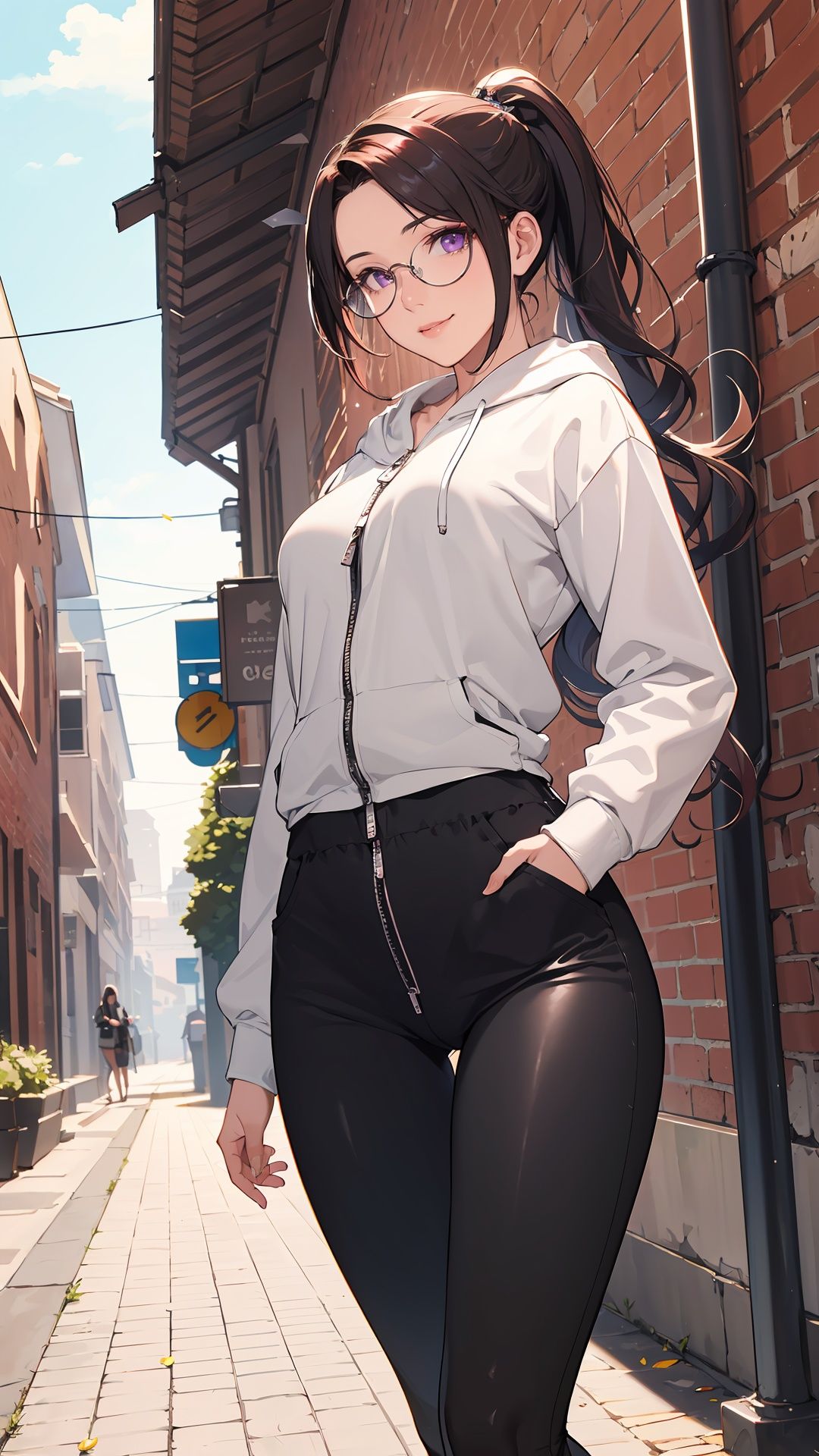 (masterpiece:1.2), (best quality:1.2), (highres:1.2), (incredibly absurdres), (absurdres), very_high resolution, original, intricate details, hyper detail, ultra-detailed, exquisite detailed, extremely delicate, illustration, (chromatic aberration), flat color, sketch, (film grain), (cinematic),
(1girl), (solo), solo_focus, shiny hair, glossy hair, parted bangs, forehead, hair behind ear, sharp_eyelid, eyeliner, eyelashes, eyeshadow, mature female, milf, (perfect detailed face), lips, (lipgloss), glossy skin, shiny skin, feminine proportions, skinny, toned, narrow waist, slim, wide hips, curvy, medium_breasts, perky_breasts, long legs, cowboy shot, from below, wide shot, (looking at viewer), (detailed beautiful scene), scenery, landscape, UHD wallpaper, HDR, sharpened, sharpen, 8k unity render, octane render, artstation, concept art, global illumination, studio light, volumetric light, bokeh, brown_eyes, lens_flare, long_hair, (cameltoe), thighs, seductive smile, walking, pavement, under_tree, petals, tree, dramatic light, nature, utility pole, day, flower, brick floor, sky, outdoors, blurry, blurry background, iuui, wavy hair, forehead, parted bangs, black hair, multicolored hair, gradient hair, red hair, hair behind ear, low ponytail, ponytail, purple eyes, smile, light smile, (black_pants), (grey_hoodie), long sleeves, (zipper), sunlight, nature, street, window, plant, brick wall, (vines), (alley), depth of field, (hands in pockets), (round eyewear), glasses, circle-glasses