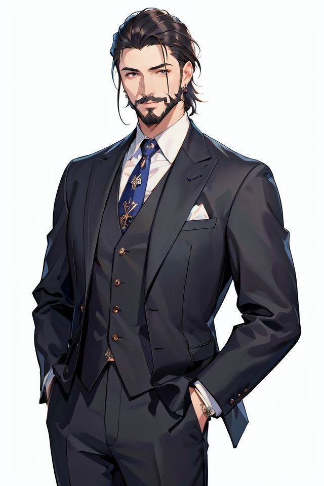 (masterpiece),(best quality),(highres),(incredibly absurdres),(absurdres),very_high_resolution,intricate details,hyper detail,ultra-detailed,exquisite detailed,extremely delicate,illustration,pixiv,chromatic aberration,emphasis lines,game cg,film grain,cinematic,bokeh,caustics,(1boy),(solo),solo_focus,shiny hair,glossy hair,mature male,muscular male,handsome boy,man,male focus,(perfect detailed face),hands,fingers,(cowboy shot:1.2),(white background:1.3), suit, facial hair, short hair, beard, black hair, forehead, parted bangs, mustache, necktie, pants, earrings,hands in pockets,narrow waist, strong, smile, 