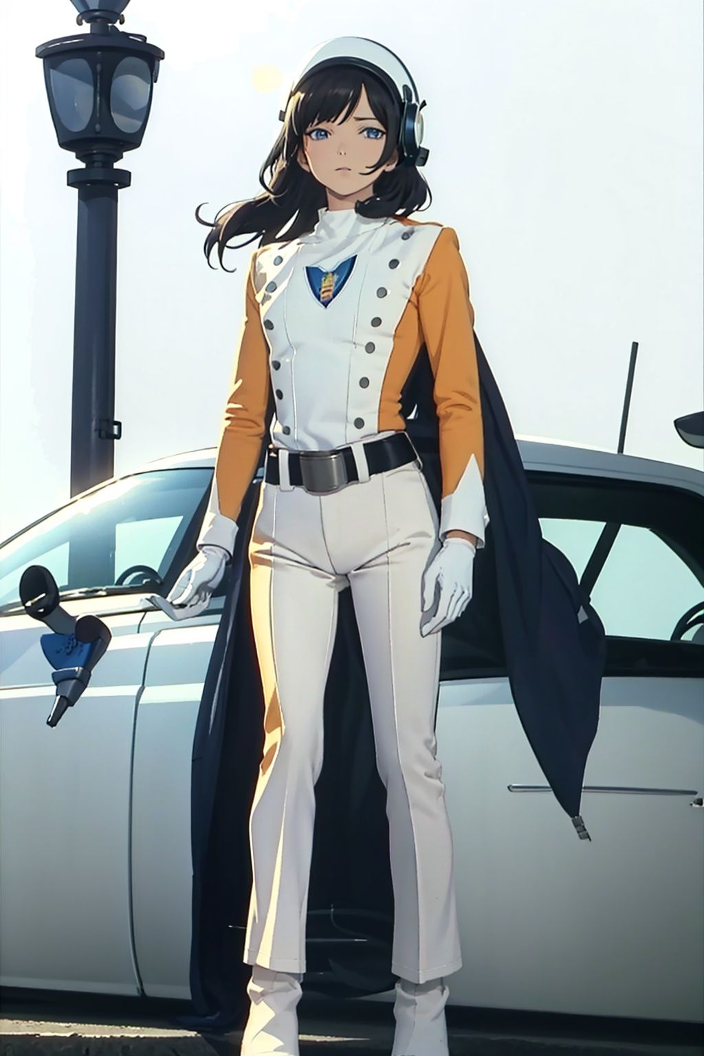  (masterpiece:1.3), (the best quality:1.2), (super fine illustrations:1.2), (Masterpiece), high quality, high detail,((white background:1.2)), looking at viewer, (SOLO:1.4),outline,,simple background,collar, choker,belt,boots,emblem,military uniform,logo,pants,armor,uniform,bodysuit,choker,belt pouch, jacket, collar, helmet, gloves, fingerless gloves, belt, logo