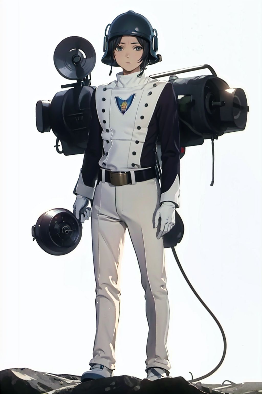  (masterpiece:1.3), (the best quality:1.2), (super fine illustrations:1.2), (Masterpiece), high quality, high detail,((white background:1.2)), looking at viewer, (SOLO:1.4),outline,,simple background,collar, choker,belt,boots,emblem,military uniform,logo,pants,armor,uniform,bodysuit,choker,belt pouch, jacket, collar, helmet, gloves, fingerless gloves, belt, logo