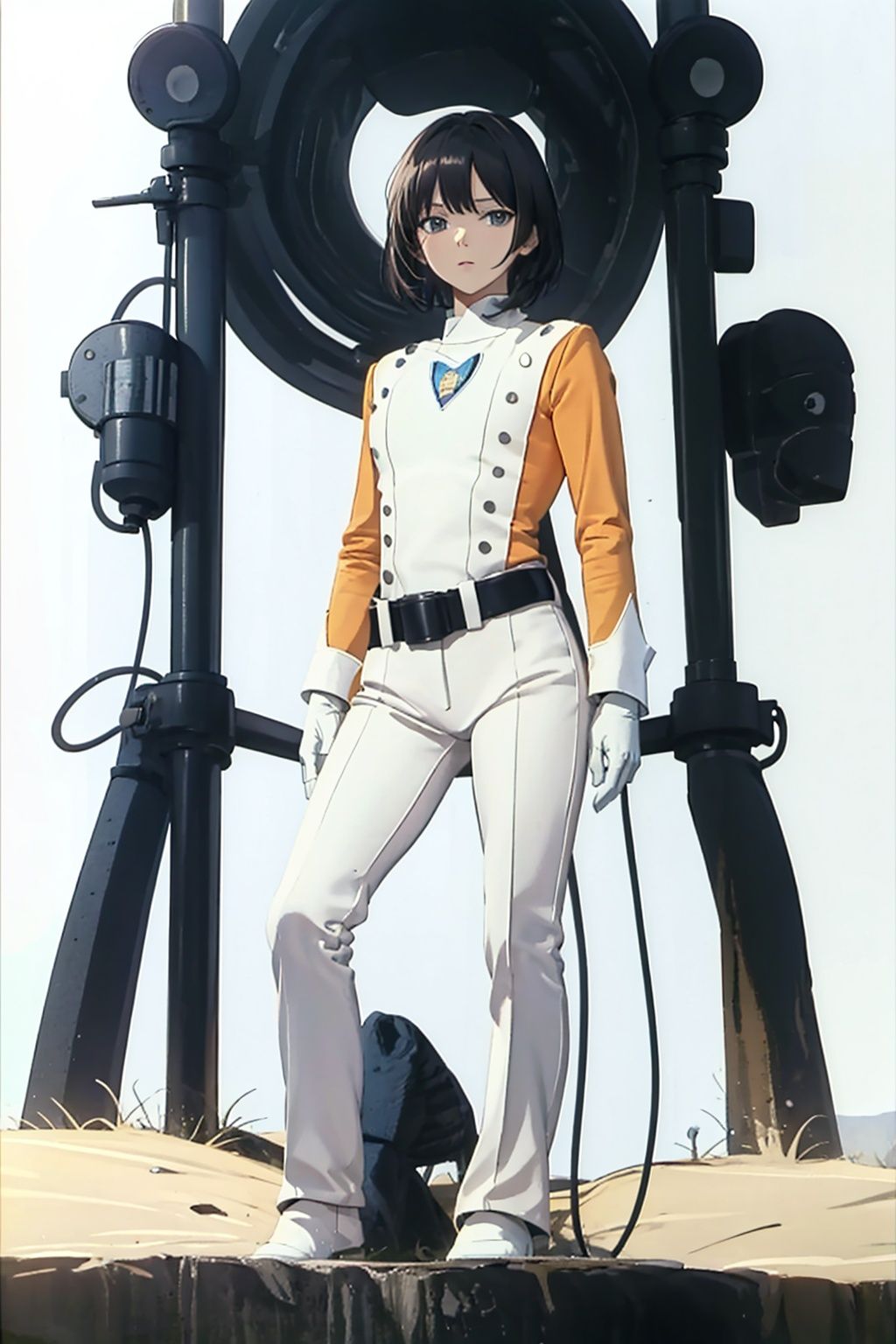  (masterpiece:1.3), (the best quality:1.2), (super fine illustrations:1.2), (Masterpiece), high quality, high detail,((white background:1.2)), looking at viewer, (SOLO:1.4),outline,,simple background,collar, choker,belt,boots,emblem,military uniform,logo,pants,armor,uniform,bodysuit,choker,belt pouch, jacket, collar, helmet, gloves, fingerless gloves, belt, logo