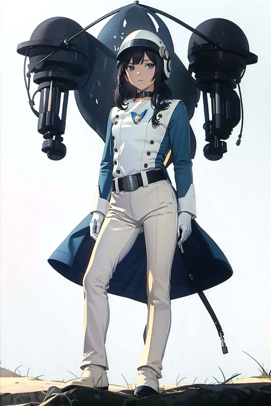  (masterpiece:1.3), (the best quality:1.2), (super fine illustrations:1.2), (Masterpiece), high quality, high detail,((white background:1.2)), looking at viewer, (SOLO:1.4),outline,,simple background,collar, choker,belt,boots,emblem,military uniform,logo,pants,armor,uniform,bodysuit,choker,belt pouch, jacket, collar, helmet, gloves, fingerless gloves, belt, logo