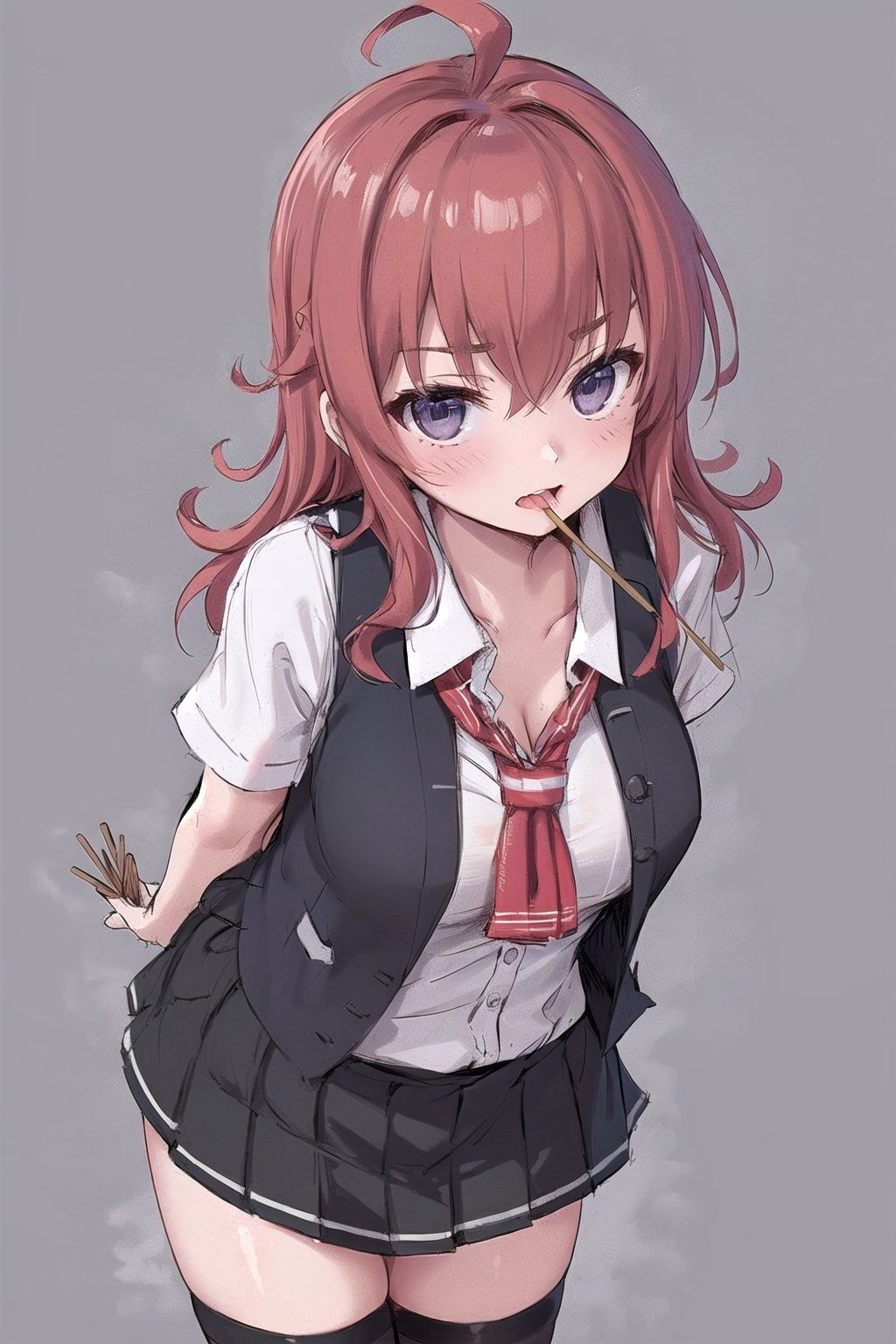 arashi, 1girl, solo, long hair, looking at viewer, skirt, simple background, shirt, thighhighs, cleavage, medium breasts, school uniform, purple eyes, white shirt, ahoge, short sleeves, red hair, cowboy shot, pleated skirt, food, black thighhighs, black skirt, twitter username, vest, dated, neckerchief, leaning forward, mouth hold, arms behind back, blouse, messy hair, red neckerchief, one-hour drawing challenge, black vest, pocky, grey thighhighs, pocky day