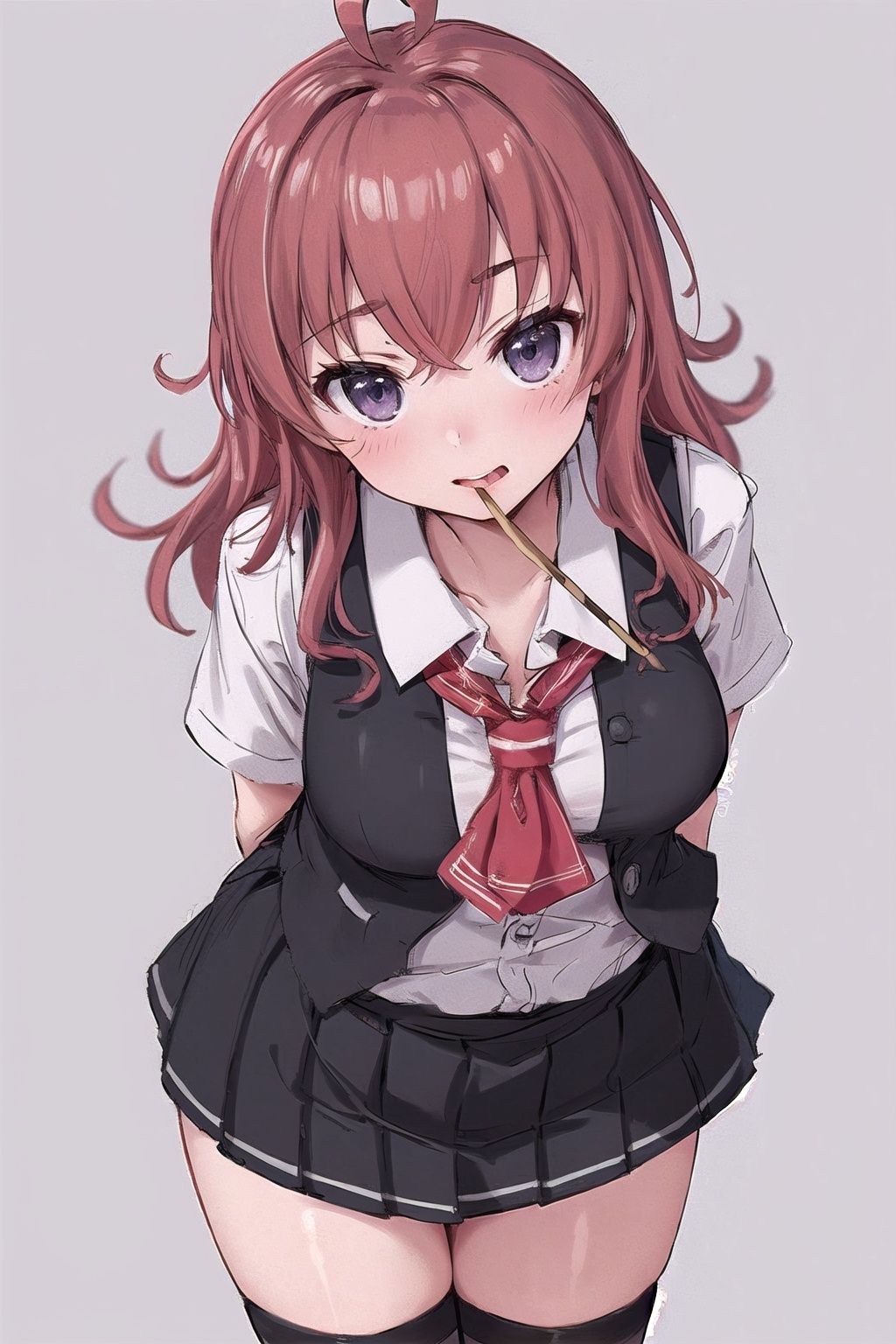 arashi, 1girl, solo, long hair, looking at viewer, skirt, simple background, shirt, thighhighs, cleavage, medium breasts, school uniform, purple eyes, white shirt, ahoge, short sleeves, red hair, cowboy shot, pleated skirt, food, black thighhighs, black skirt, twitter username, vest, dated, neckerchief, leaning forward, mouth hold, arms behind back, blouse, messy hair, red neckerchief, one-hour drawing challenge, black vest, pocky, grey thighhighs, pocky day