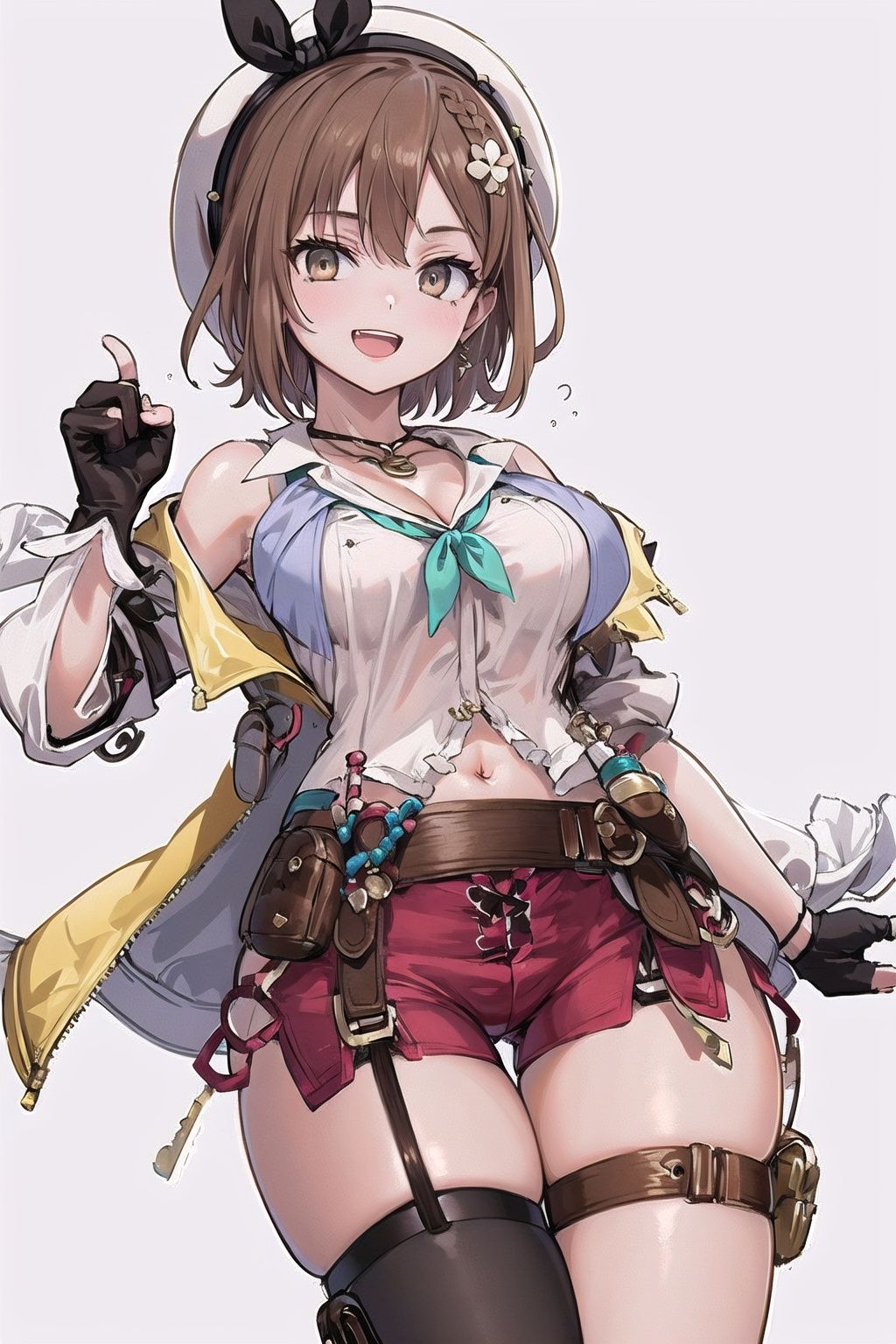 atelier_ryza, 1girl, solo, looking at viewer, smile, short hair, open mouth, large breasts, simple background, brown hair, shirt, hair ornament, thighhighs, gloves, hat, navel, cleavage, bare shoulders, brown eyes, jewelry, jacket, white shirt, braid, thighs, earrings, open clothes, shorts, sleeveless, belt, fingerless gloves, necklace, short shorts, sleeveless shirt, skindentation, thigh strap, beret, white headwear, thick thighs, single thighhigh, brown gloves, pouch, partially fingerless gloves, brown belt, key, yellow jacket, red shorts, sleeveless jacket, key necklace
