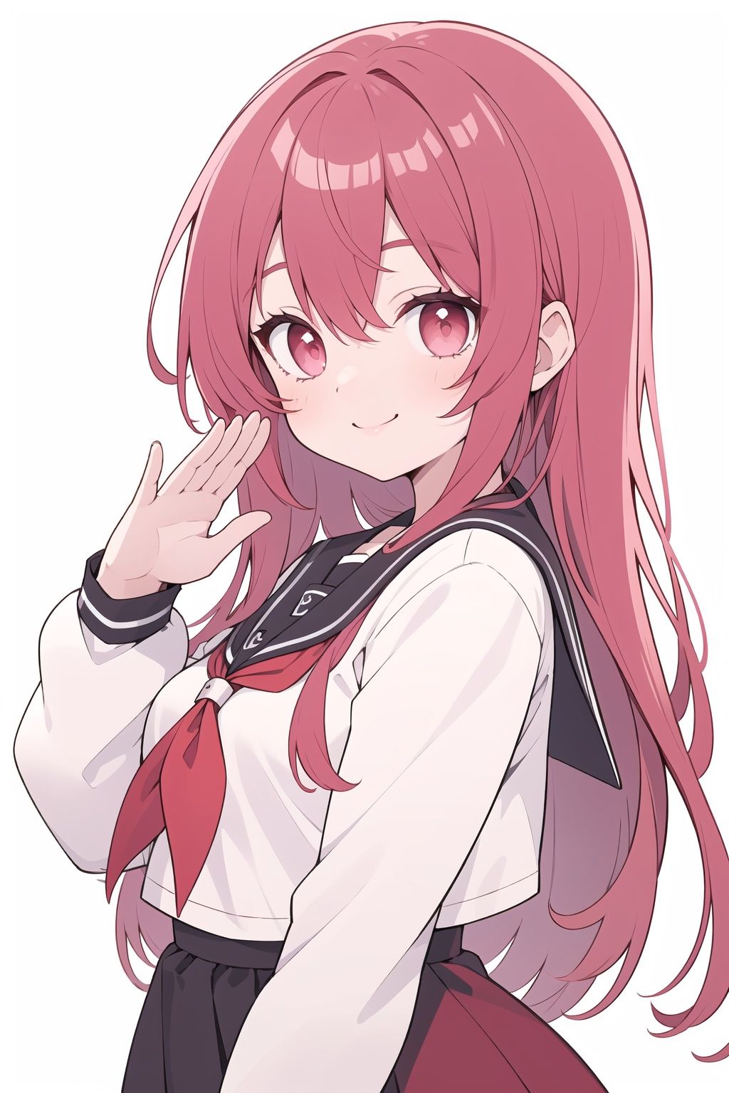 👋, simple background,  white background,  pentagram,  pink eyes,  red neckwear,  red hair,  hair over shoulder,  long hair,  asymmetrical hair,  serafuku,  sailor dress,  upper body,  smile,  seductive smile