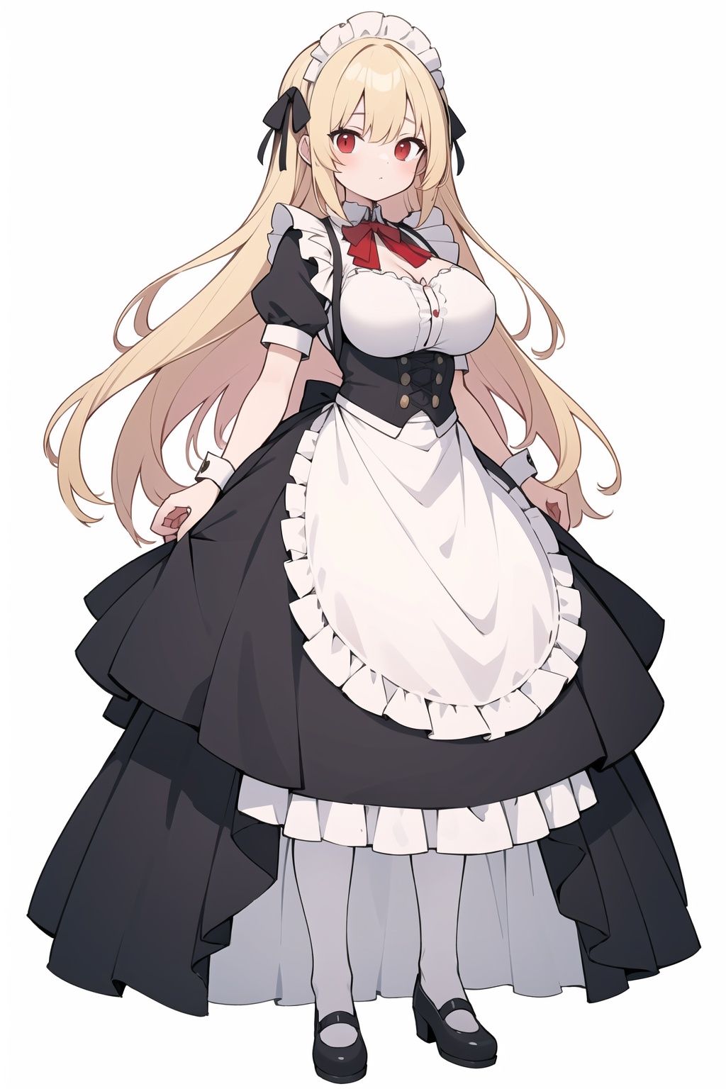  scales, big breasts, red eyes, expressionless, blonde hair, white_background, victorian maid dress