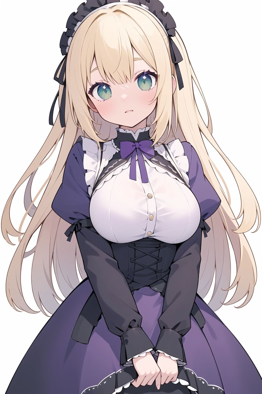 ((best quality)), large breasts, (hanging breasts), ((masterpiece)), (8k resolution:1.0), blonde_hair, green_eyes, long_hair, ((purple dress)), [(white background:1.5)::5], gothic lolita, amelia watson,