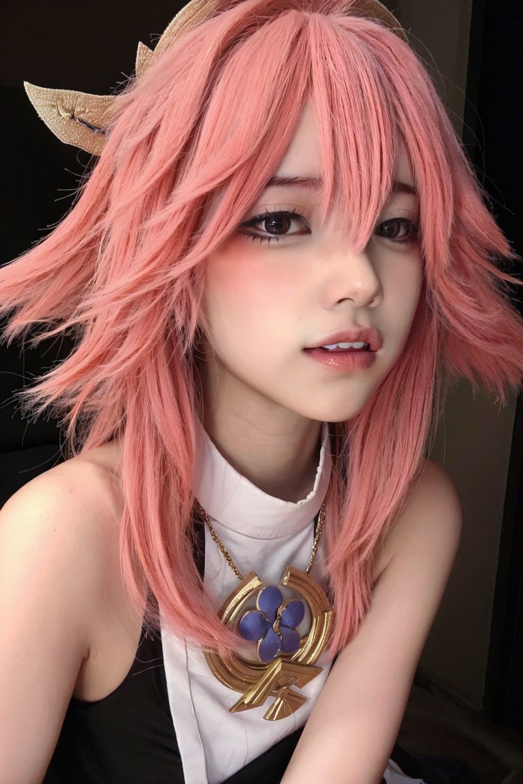 (masterpiece:1.3),  best quality,  high resolution,  unity 8k wallpaper,  (illustration:1),  perfect lighting,  photo_\(medium\),  photorealistic,  realistic,  ,  finely detail,  extremely detailed,  soft lighting and shadow,  soft yet striking lighting,  film grain:1.2,  ,  yae miko,  1girl,  solo,  pink hair,  blue eyes,  portrait,  long hair,  fox ears,  yae sakura,  hair between eyes,  lips,  bangs,  parted lips,  looking at viewer,  animal ears,  teeth,  fang, <lora:EMS-69767-EMS:0.800000>