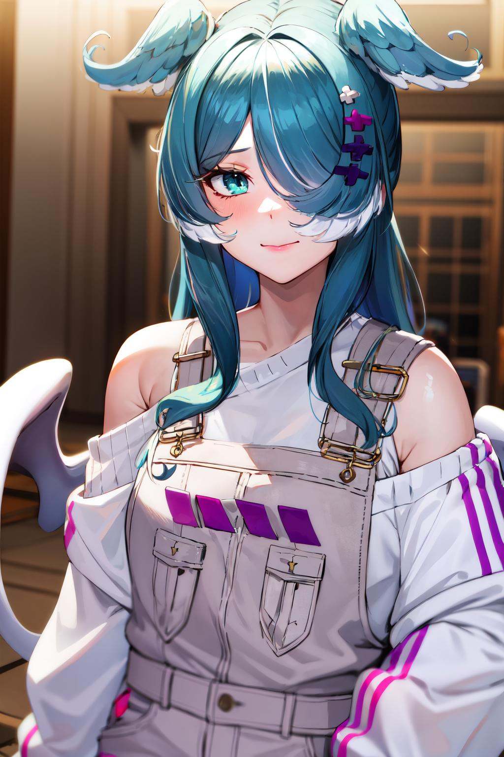 masterpiece, (detailed, highres, best quality), 1girl, elira1st, long sleeves, overalls, white sweater, off shoulder, grey gloves, wings, one eye covered <lora:eliraPandora:1>