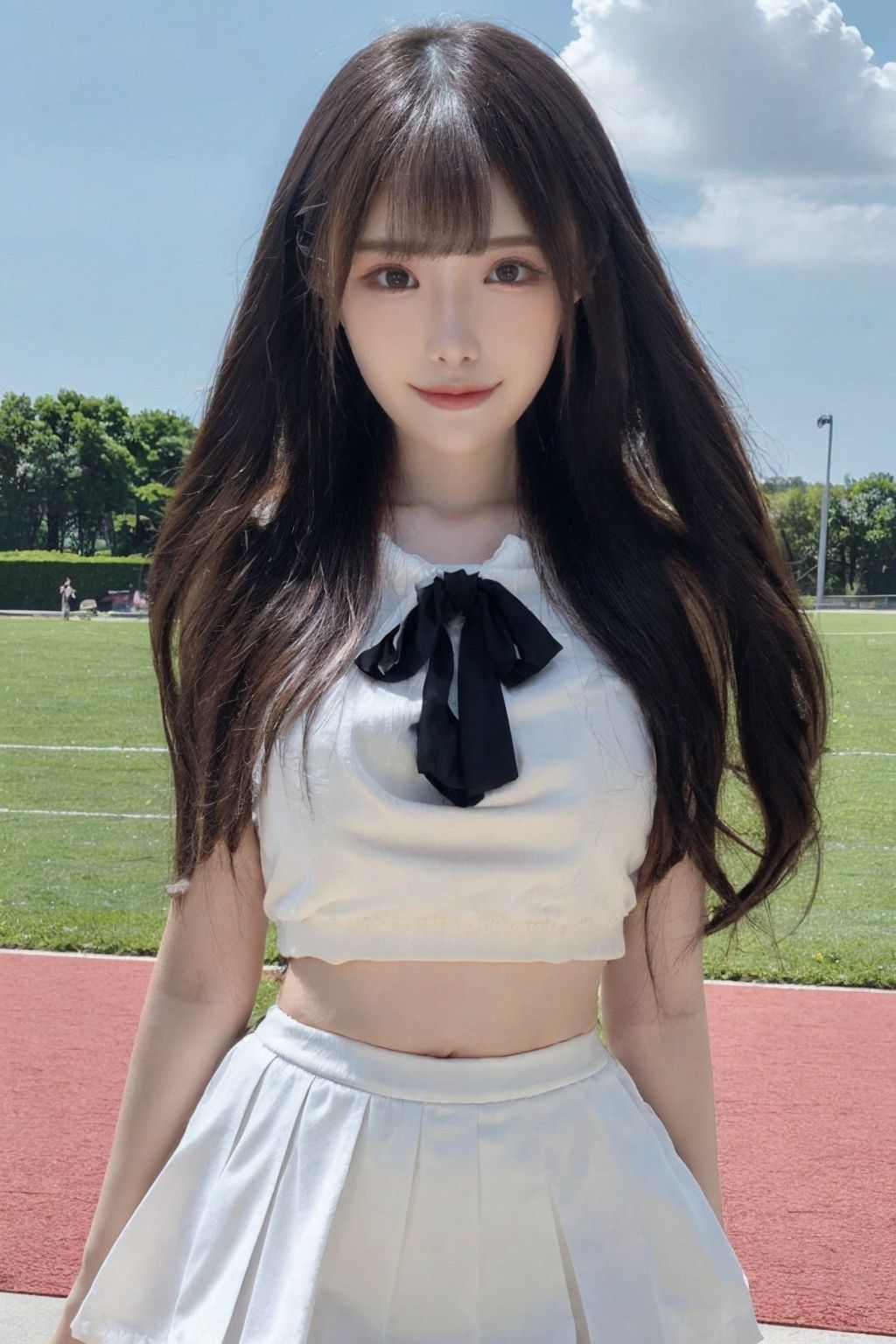  (Good structure), HDR, UHD, 8K, A real person, Highly detailed, best quality, masterpiece, 1girl, realistic, Highly detailed, (EOS R8, 50mm, F1.2, 8K, RAW photo:1.2), ultra realistic 8k, (best illumination, best shadow, extremely delicate and beautiful), (official art, beautiful and aesthetic:1.2), solo, 1girl, , long hair, Wind, flowing hair, kind smile, , pose for picture, , looking_at_viewer, , perfect body,
upper_body,long hair, skirt, black legwear,
 thighhighs, black hair, standing, 
 shirt, , white shirt, shoes, 
black skirt, black footwear, pleated skirt, ,,black necktie,emma,solo,looking at viewer,pose for picture,black pantyhose,(base court),,serafuku,wangyushan,
Blue sky and white clouds, football field, futuaner