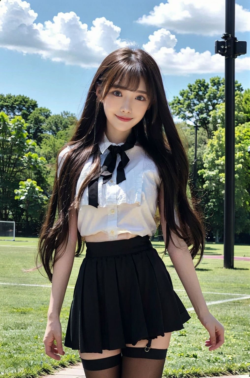  (Good structure), HDR, UHD, 8K, A real person, Highly detailed, best quality, masterpiece, 1girl, realistic, Highly detailed, (EOS R8, 50mm, F1.2, 8K, RAW photo:1.2), ultra realistic 8k, (best illumination, best shadow, extremely delicate and beautiful), (official art, beautiful and aesthetic:1.2), solo, 1girl, , long hair, Wind, flowing hair, kind smile, , pose for picture, , looking_at_viewer, , perfect body,
upper_body,long hair, skirt, black legwear,
 thighhighs, black hair, standing, 
 shirt, , white shirt, shoes, 
black skirt, black footwear, pleated skirt, ,,black necktie,emma,solo,looking at viewer,pose for picture,black pantyhose,(base court),,serafuku,wangyushan,
Blue sky and white clouds, football field, tsukino usagi, black pantyhose