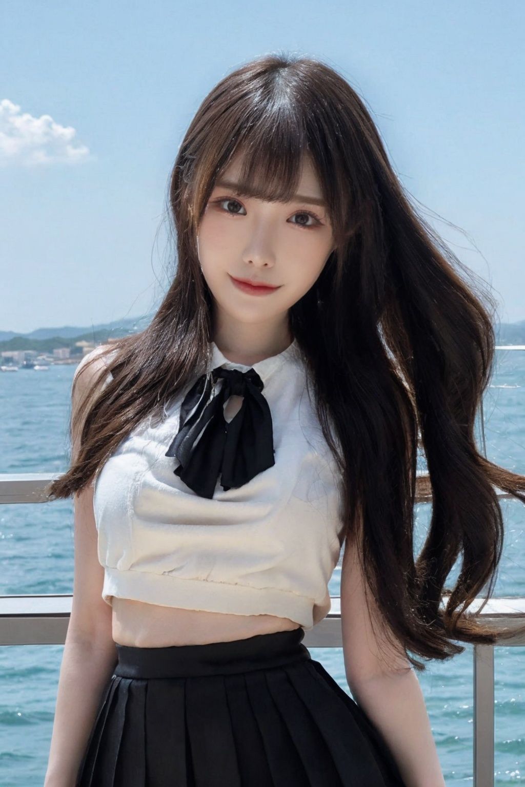  (Good structure), HDR, UHD, 8K, A real person, Highly detailed, best quality, masterpiece, 1girl, realistic, Highly detailed, (EOS R8, 50mm, F1.2, 8K, RAW photo:1.2), ultra realistic 8k, (best illumination, best shadow, extremely delicate and beautiful), (official art, beautiful and aesthetic:1.2), solo, 1girl, , long hair, Wind, flowing hair, kind smile, , pose for picture, , looking_at_viewer, , perfect body,
upper_body,long hair, skirt, black legwear,
 thighhighs, black hair, standing, 
 shirt, , white shirt, shoes, 
black skirt, black footwear, pleated skirt, ,,black necktie,emma,solo,looking at viewer,pose for picture,black pantyhose,(base court),,serafuku,wangyushan,
Blue sky and white clouds, football field, futuaner