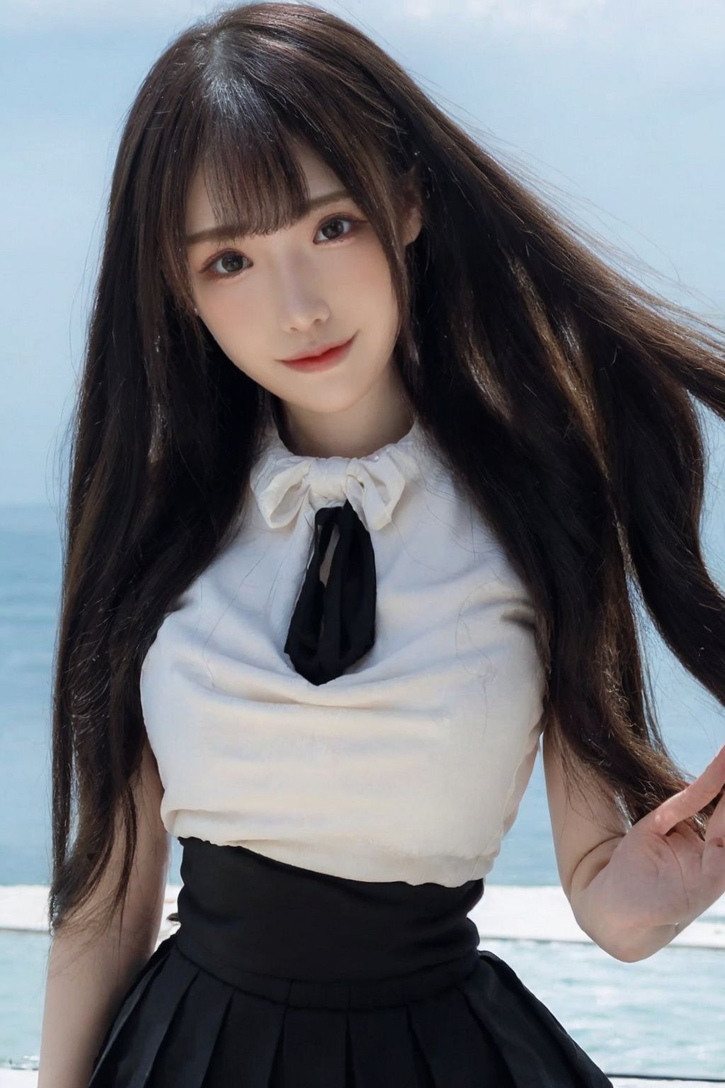  (Good structure), HDR, UHD, 8K, A real person, Highly detailed, best quality, masterpiece, 1girl, realistic, Highly detailed, (EOS R8, 50mm, F1.2, 8K, RAW photo:1.2), ultra realistic 8k, (best illumination, best shadow, extremely delicate and beautiful), (official art, beautiful and aesthetic:1.2), solo, 1girl, , long hair, Wind, flowing hair, kind smile, , pose for picture, , looking_at_viewer, , perfect body,
upper_body,long hair, skirt, black legwear,
 thighhighs, black hair, standing, 
 shirt, , white shirt, shoes, 
black skirt, black footwear, pleated skirt, ,,black necktie,emma,solo,looking at viewer,pose for picture,black pantyhose,(base court),,serafuku,wangyushan,
Blue sky and white clouds, football field, futuaner