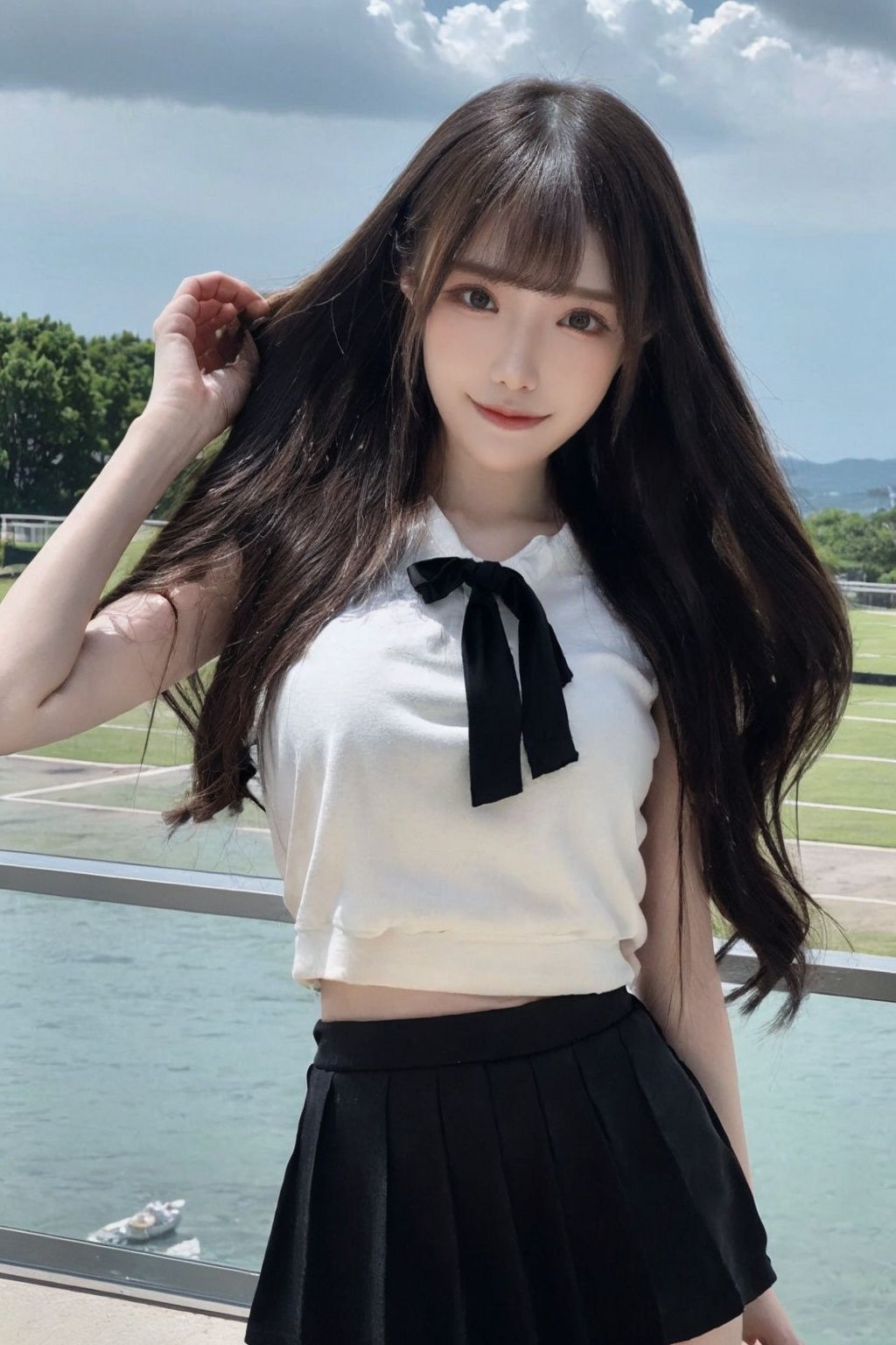  (Good structure), HDR, UHD, 8K, A real person, Highly detailed, best quality, masterpiece, 1girl, realistic, Highly detailed, (EOS R8, 50mm, F1.2, 8K, RAW photo:1.2), ultra realistic 8k, (best illumination, best shadow, extremely delicate and beautiful), (official art, beautiful and aesthetic:1.2), solo, 1girl, , long hair, Wind, flowing hair, kind smile, , pose for picture, , looking_at_viewer, , perfect body,
upper_body,long hair, skirt, black legwear,
 thighhighs, black hair, standing, 
 shirt, , white shirt, shoes, 
black skirt, black footwear, pleated skirt, ,,black necktie,emma,solo,looking at viewer,pose for picture,black pantyhose,(base court),,serafuku,wangyushan,
Blue sky and white clouds, football field, futuaner