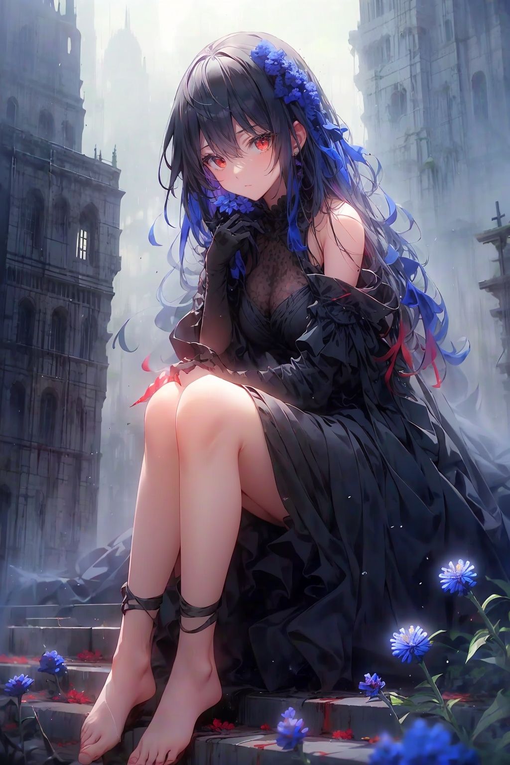  ((1girl,solo, alone, delicate face, cute, red eye pupil, pink eyelashes, red eye shadow, pink lips,excellent face,expression is enchanting,)), Character close-up,
leaning against the ruins, with a floating skeleton in the background,her posture is seductive, and there is a flicker of evil energy runes in the background, blood mist filled, and soft light. No shoes,My feet are covered in bones. Skeletons, many skeletons. Official art, unit 8 k wallpaper, ultra detailed, beautiful and aesthetic, masterpiece, best quality, extremely detailed, dynamic angle, paper skin, radius, iuminosity, cowboyshot, the most beautiful form of Chaos, elegant, a brutalist designed, visual colors, romanticism, by James Jean, roby dwi antono, cross tran, francis bacon, Michael mraz, Adrian ghenie, Petra cortright, Gerhard richter, Takato yamamoto, ashley wood, atmospheric, ((late at night,dark)), light rain,dark, limited palette, contrast,(((Cornflower))), cornflower, cornflower,vines, forest, lens flare, hdr, Tyndall effect,damp,wet,cold theme, broken wall, aqua theme, floating hair, high detail, nayutaren, Nyarly,Sitting in the Flower Sea