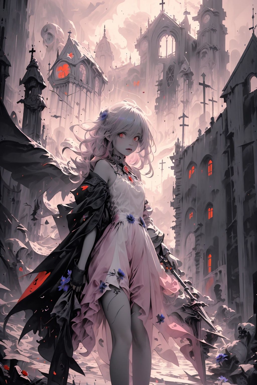 ((1girl,solo, alone, delicate face, cute, red eye pupil, pink eyelashes, red eye shadow, pink lips,excellent face,expression is enchanting,)), Character close-up,
leaning against the ruins, with a floating skeleton in the background,her posture is seductive,and there is a flicker of evil energy runes in the background, blood mist filled, and soft light. No shoes,My feet are covered in bones. Skeletons, many skeletons. Official art, unit 8 k wallpaper, ultra detailed, beautiful and aesthetic, masterpiece, best quality, extremely detailed, dynamic angle, paper skin, radius, iuminosity, cowboyshot, the most beautiful form of Chaos, elegant, a brutalist designed, visual colors, romanticism, by James Jean, roby dwi antono, cross tran, francis bacon, Michael mraz, Adrian ghenie, Petra cortright, Gerhard richter, Takato yamamoto, ashley wood, atmospheric, ((late at night,dark)), light rain,dark, limited palette, contrast,(((Cornflower))), corn