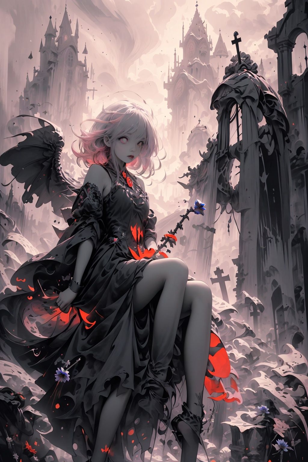 ((1girl,solo, alone, delicate face, cute, red eye pupil, pink eyelashes, red eye shadow, pink lips,excellent face,expression is enchanting,)), Character close-up,
leaning against the ruins, with a floating skeleton in the background,her posture is seductive,and there is a flicker of evil energy runes in the background, blood mist filled, and soft light. No shoes,My feet are covered in bones. Skeletons, many skeletons. Official art, unit 8 k wallpaper, ultra detailed, beautiful and aesthetic, masterpiece, best quality, extremely detailed, dynamic angle, paper skin, radius, iuminosity, cowboyshot, the most beautiful form of Chaos, elegant, a brutalist designed, visual colors, romanticism, by James Jean, roby dwi antono, cross tran, francis bacon, Michael mraz, Adrian ghenie, Petra cortright, Gerhard richter, Takato yamamoto, ashley wood, atmospheric, ((late at night,dark)), light rain,dark, limited palette, contrast,(((Cornflower))), corn