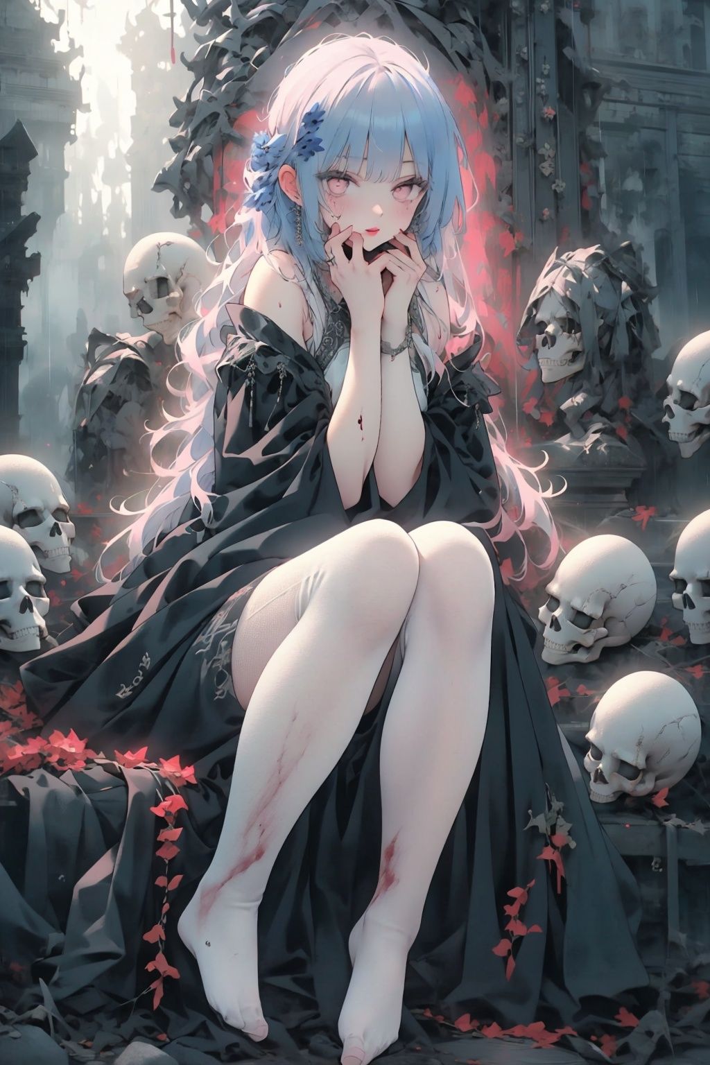  ((1girl,solo, alone, delicate face, cute, red eye pupil, pink eyelashes, red eye shadow, pink lips,excellent face,expression is enchanting,)), Character close-up,
leaning against the ruins, with a floating skeleton in the background.(white stockings),her posture is seductive, her hand is holding her face, and there is a flicker of evil energy runes in the background, blood mist filled, and soft light. No shoes,My feet are covered in bones. Skeletons, many skeletons. Official art, unit 8 k wallpaper, ultra detailed, beautiful and aesthetic, masterpiece, best quality, extremely detailed, dynamic angle, paper skin, radius, iuminosity, cowboyshot, the most beautiful form of Chaos, elegant, a brutalist designed, visual colors, romanticism, by James Jean, roby dwi antono, cross tran, francis bacon, Michael mraz, Adrian ghenie, Petra cortright, Gerhard richter, Takato yamamoto, ashley wood, atmospheric, ((late at night,dark)), light rain,dark, limited palette, contrast,(((Cornflower))), cornflower, cornflower,vines, forest, lens flare, hdr, Tyndall effect,damp,wet,cold theme, broken wall, aqua theme, floating hair, high detail, nayutaren, Nyarly