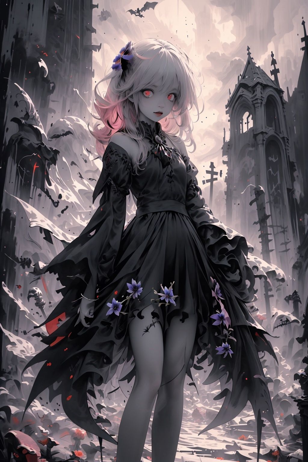 ((1girl,solo, alone, delicate face, cute, red eye pupil, pink eyelashes, red eye shadow, pink lips,excellent face,expression is enchanting,)), Character close-up,
leaning against the ruins, with a floating skeleton in the background,her posture is seductive,and there is a flicker of evil energy runes in the background, blood mist filled, and soft light. No shoes,My feet are covered in bones. Skeletons, many skeletons. Official art, unit 8 k wallpaper, ultra detailed, beautiful and aesthetic, masterpiece, best quality, extremely detailed, dynamic angle, paper skin, radius, iuminosity, cowboyshot, the most beautiful form of Chaos, elegant, a brutalist designed, visual colors, romanticism, by James Jean, roby dwi antono, cross tran, francis bacon, Michael mraz, Adrian ghenie, Petra cortright, Gerhard richter, Takato yamamoto, ashley wood, atmospheric, ((late at night,dark)), light rain,dark, limited palette, contrast,(((Cornflower))), corn