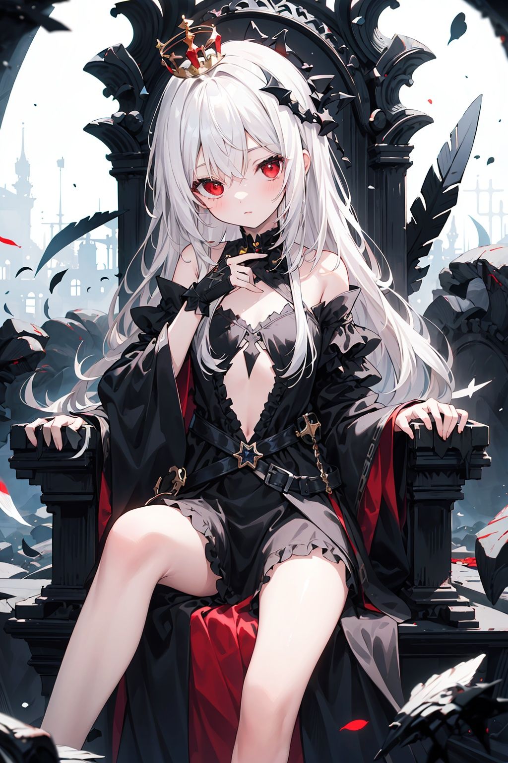  (((masterpiece))), best quality, illustration, (white hair, red eyes), a girl, solo, bare shoulders, flat chest, white hair, red eyes, very long white hair, floating black feathers, wavy hair, black and white sleeves, gold and silver fringes, a blackhole behind the girl, a silver triple crown inlaid with obsidian, (sitting) on the black ((throne)), (depth) of (field).