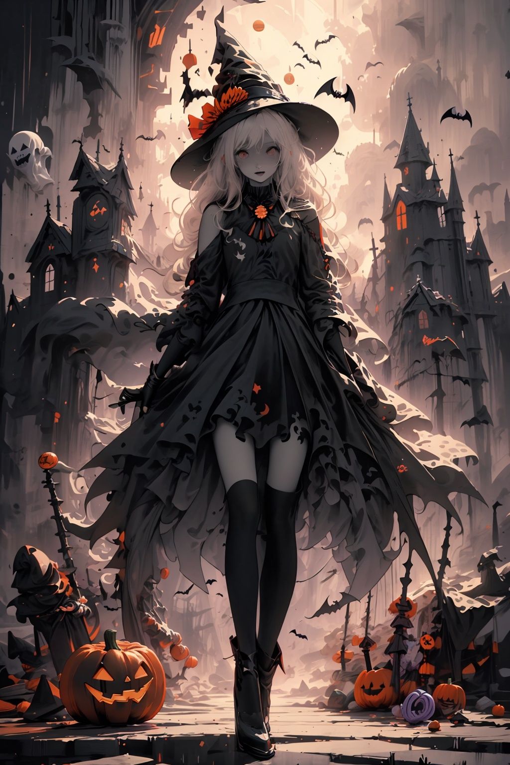  ((masterpiece:1)),(((best quality))),illustration,extremely detailed 8k wallpaper,colorful,[(white background:1.4)::5],

1girl,white hair,red eyes,shining eyes,
wansheng, flat color, 1girl, witch hat, hat, long hair, solo, jack-o'-lantern, halloween, moon, thighhighs, bat (animal), looking at viewer, dress, full body, gloves, pumpkin, witch, black thighhighs, star (symbol), bow,(pale skin:1.2),

(ghost)


beautiful and detailed cloudy sky,castle,bat (animal),(halloween:1.1),full red moon,Beautiful and detailed black,(jack-o'-lantern:0.8)

 (Abstract Art:1.35),(flat color:1.3),(high contrast:1.3),happy halloween,(candy:1.2)
, wansheng,

,(hexagon:1.1),(fight stance),(from bottom:0.9),lighting surrounded,water surround,full moon,

original,(illustration:1.1),(best quality),(extremely detailed CG unity 8k wallpaper:1.1), (colorful:0.9),(imid shot:0.95),(full body:1.25),Dynamic angle,

 (Style of Comic and Animation:1.3),(Oil Painting:0.8),(sketch:0.6), WaHaa, JaLanteen, vampire