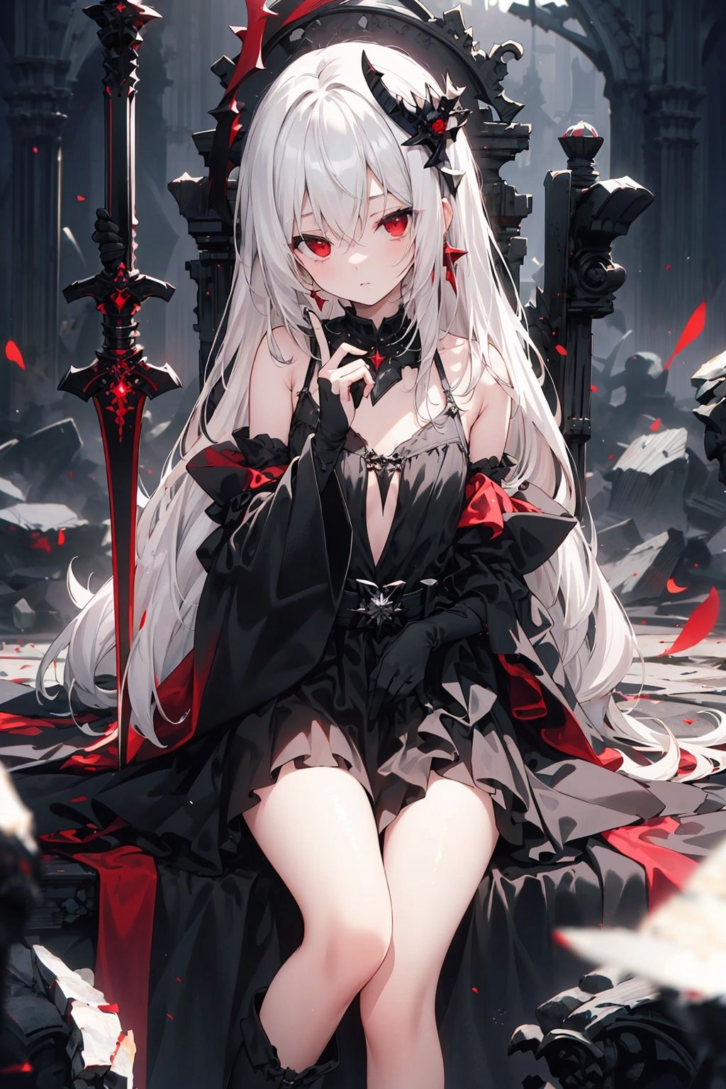  (((masterpiece))), best quality, illustration, (white hair, red eyes), a girl, solo, bare shoulders, flat chest, white hair, red eyes, very long white hair, floating black feathers, wavy hair, black and white sleeves, gold and silver fringes, a blackhole behind the girl, a silver triple crown inlaid with obsidian, (sitting) on the black ((throne)), (depth) of (field).