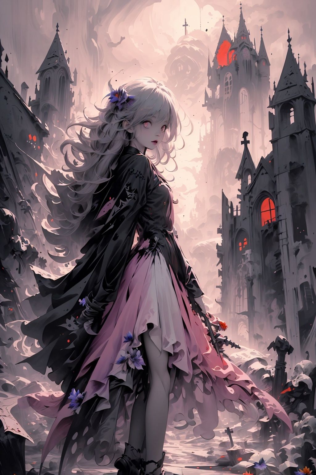 ((1girl,solo, alone, delicate face, cute, red eye pupil, pink eyelashes, red eye shadow, pink lips,excellent face,expression is enchanting,)), Character close-up,
leaning against the ruins, with a floating skeleton in the background,her posture is seductive,and there is a flicker of evil energy runes in the background, blood mist filled, and soft light. No shoes,My feet are covered in bones. Skeletons, many skeletons. Official art, unit 8 k wallpaper, ultra detailed, beautiful and aesthetic, masterpiece, best quality, extremely detailed, dynamic angle, paper skin, radius, iuminosity, cowboyshot, the most beautiful form of Chaos, elegant, a brutalist designed, visual colors, romanticism, by James Jean, roby dwi antono, cross tran, francis bacon, Michael mraz, Adrian ghenie, Petra cortright, Gerhard richter, Takato yamamoto, ashley wood, atmospheric, ((late at night,dark)), light rain,dark, limited palette, contrast,(((Cornflower))), corn
