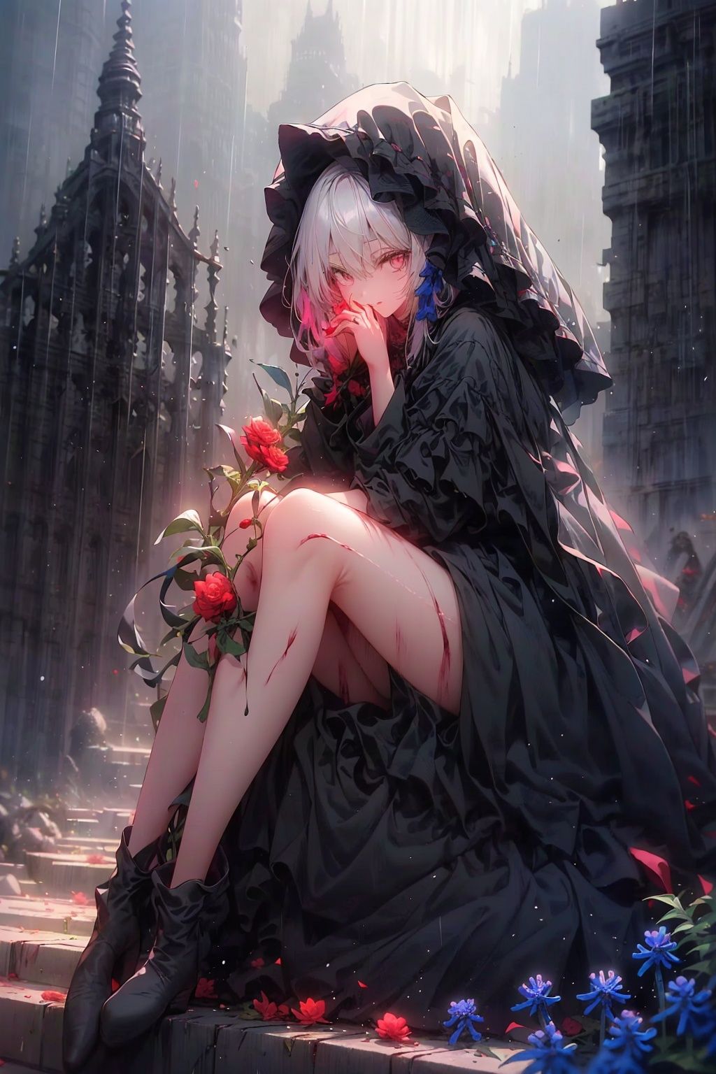 ((1girl,solo, alone, delicate face, cute, red eye pupil, pink eyelashes, red eye shadow, pink lips,excellent face,expression is enchanting,)), Character close-up,
leaning against the ruins, with a floating skeleton in the background,her posture is seductive, her hand is holding her face, and there is a flicker of evil energy runes in the background, blood mist filled, and soft light. No shoes,My feet are covered in bones. Skeletons, many skeletons. Official art, unit 8 k wallpaper, ultra detailed, beautiful and aesthetic, masterpiece, best quality, extremely detailed, dynamic angle, paper skin, radius, iuminosity, cowboyshot, the most beautiful form of Chaos, elegant, a brutalist designed, visual colors, romanticism, by James Jean, roby dwi antono, cross tran, francis bacon, Michael mraz, Adrian ghenie, Petra cortright, Gerhard richter, Takato yamamoto, ashley wood, atmospheric, ((late at night,dark)), light rain,dark, limited palette, contrast,(((Cornflower))), cornflower, cornflower,vines, forest, lens flare, hdr, Tyndall effect,damp,wet,cold theme, broken wall, aqua theme, floating hair, high detail, nayutaren, Nyarly