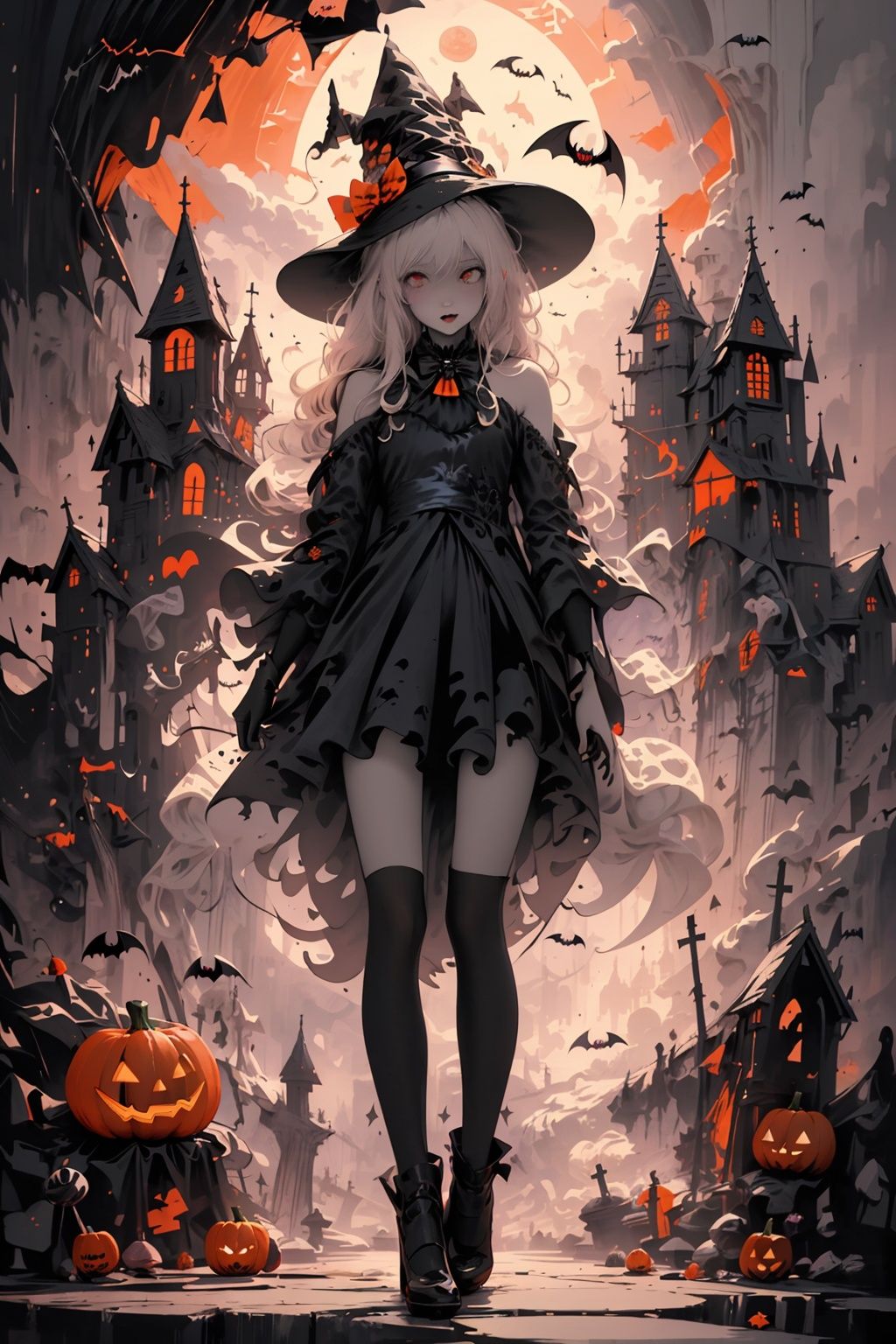  ((masterpiece:1)),(((best quality))),illustration,extremely detailed 8k wallpaper,colorful,[(white background:1.4)::5],

1girl,white hair,red eyes,shining eyes,
wansheng, flat color, 1girl, witch hat, hat, long hair, solo, jack-o'-lantern, halloween, moon, thighhighs, bat (animal), looking at viewer, dress, full body, gloves, pumpkin, witch, black thighhighs, star (symbol), bow,(pale skin:1.2),

(ghost)


beautiful and detailed cloudy sky,castle,bat (animal),(halloween:1.1),full red moon,Beautiful and detailed black,(jack-o'-lantern:0.8)

 (Abstract Art:1.35),(flat color:1.3),(high contrast:1.3),happy halloween,(candy:1.2)
, wansheng,

,(hexagon:1.1),(fight stance),(from bottom:0.9),lighting surrounded,water surround,full moon,

original,(illustration:1.1),(best quality),(extremely detailed CG unity 8k wallpaper:1.1), (colorful:0.9),(imid shot:0.95),(full body:1.25),Dynamic angle,

 (Style of Comic and Animation:1.3),(Oil Painting:0.8),(sketch:0.6), WaHaa, JaLanteen, vampire