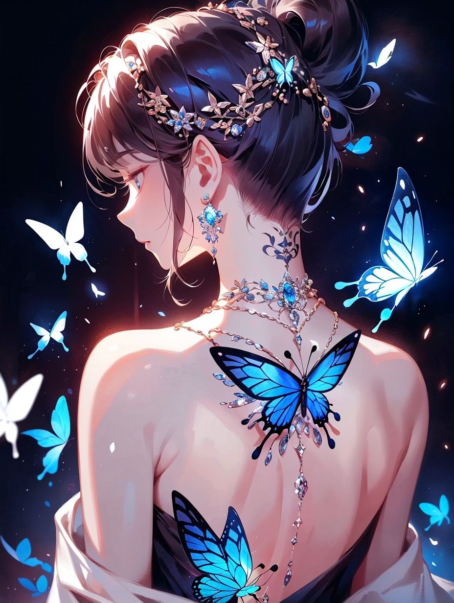  Best quality, 8k,cg,nape,butterfly_print,upper_body,earrings,bare_shoulders,butterfly_on_hand,DreamShaper,necklace,piercing,
pinwhee,tattoo