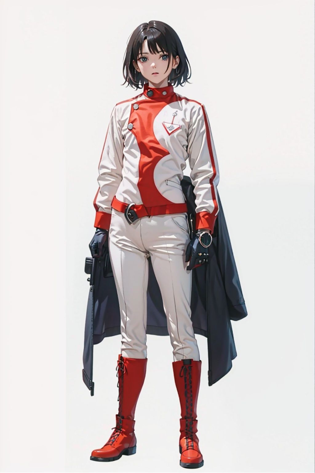  (masterpiece:1.3), (the best quality:1.2), (super fine illustrations:1.2), (Masterpiece), high quality, high detail,((white background:1.2)), looking at viewer, (SOLO:1.4),outline,,simple background,collar, choker,belt,boots,emblem,military uniform,logo,pants,armor,uniform,bodysuit,choker,belt pouch, jacket, collar, helmet, gloves, fingerless gloves, belt, logo